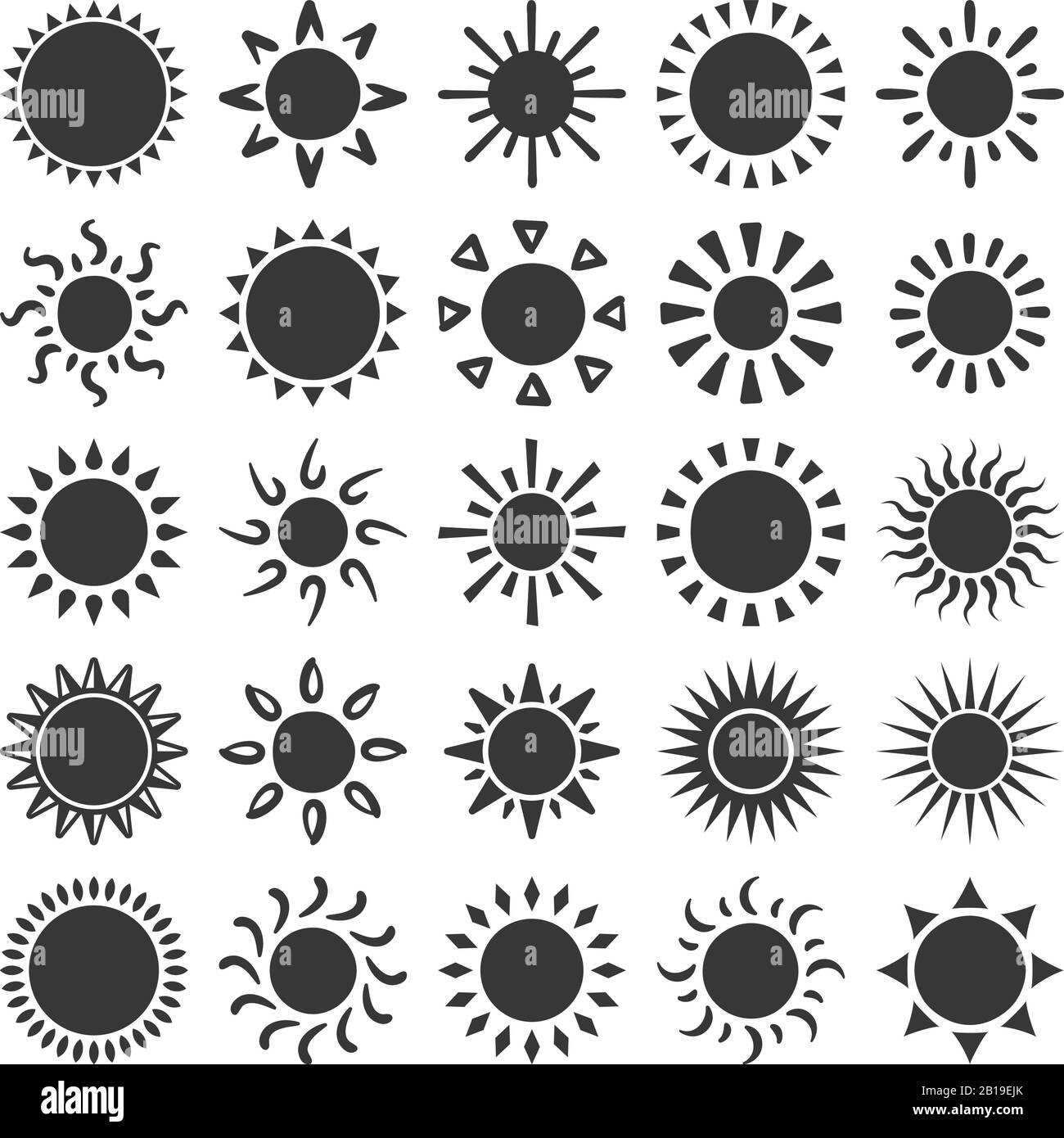 Icona della silhouette del sole. Luce solare estiva, sagome calde e soleggiate e luce calda naturale icona vettore illustrazione set Illustrazione Vettoriale