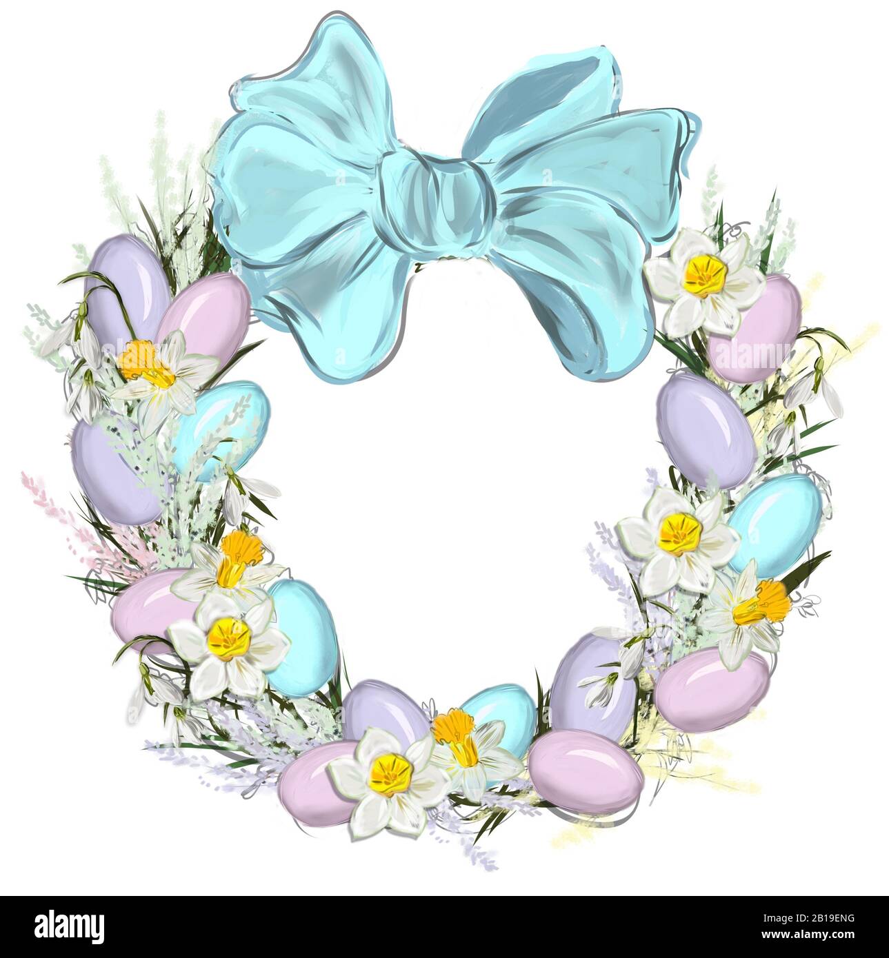 Corona di Pasqua con uova colorate disegnate a mano. Cornice decorativa. Uova, elementi floreali e arco blu. Foto Stock