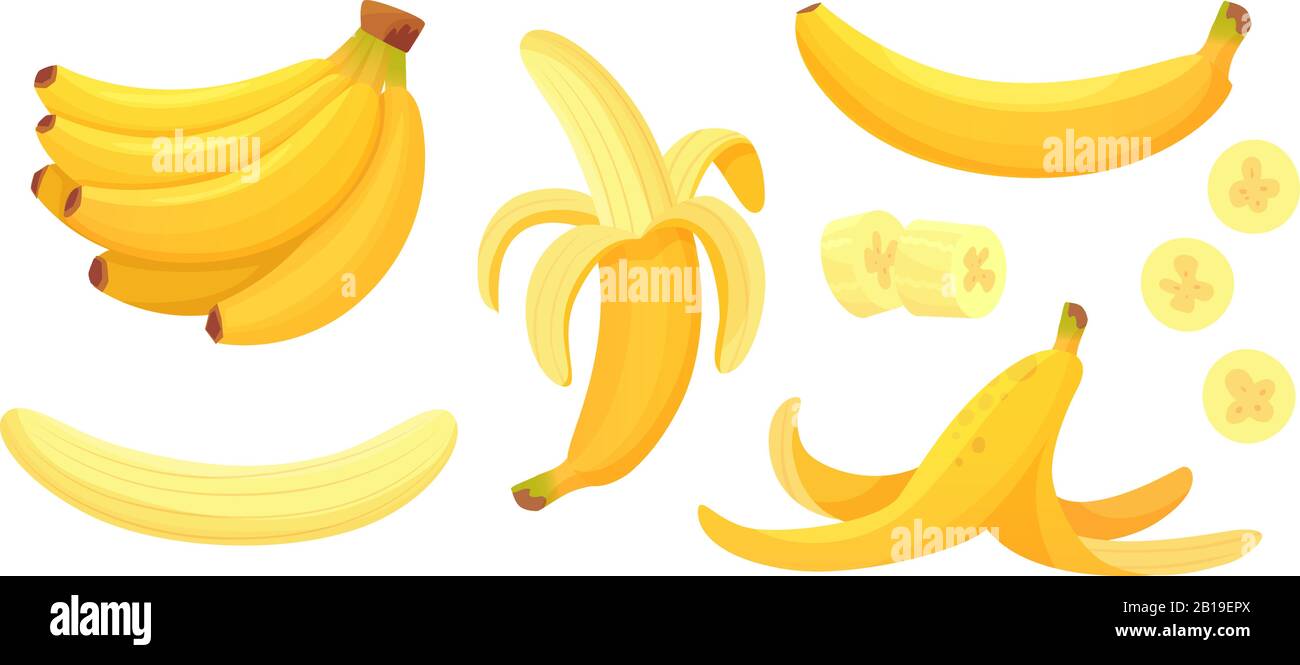 Banane dei cartoni animati. Pelare la banana, la frutta gialla e il mazzo di banane isolato vettore illustrazione set Illustrazione Vettoriale