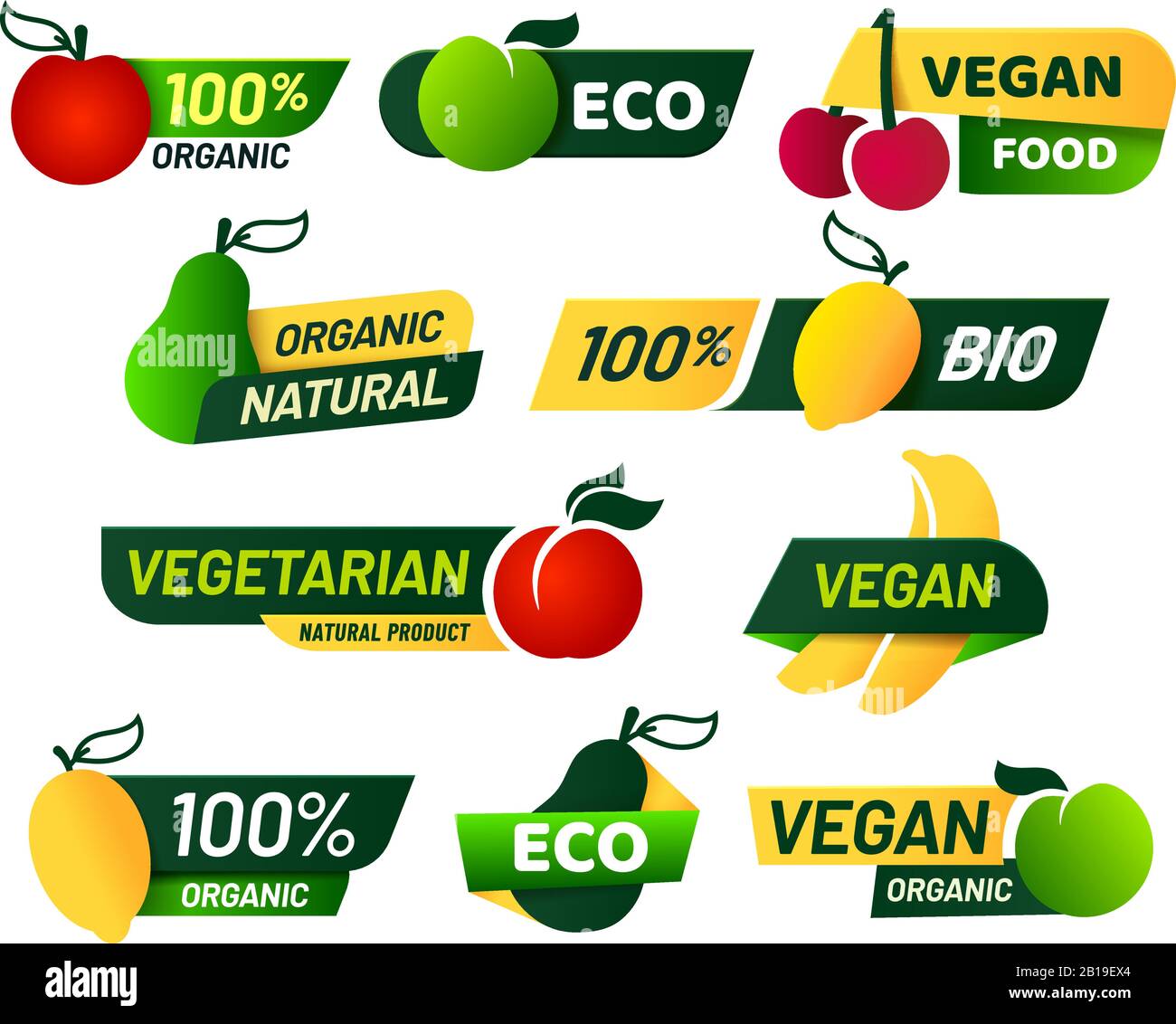 Etichette vegane. Green eco food, prodotti biologici freschi sani e set vettore etichetta emblema vegetariano Illustrazione Vettoriale