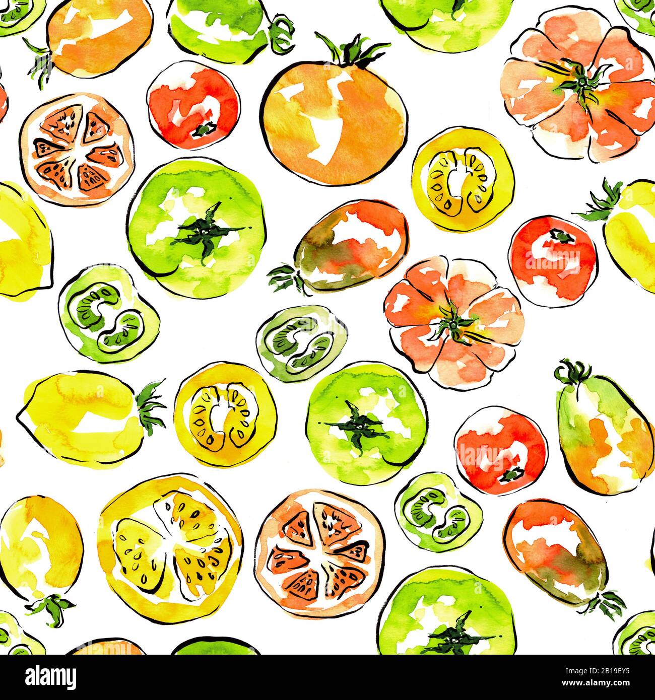 modello con pomodori, colori rosso, verde e giallo, tovagliolo e tè disegno asciugamano, arredamento cucina, libro da cucina. Foto Stock