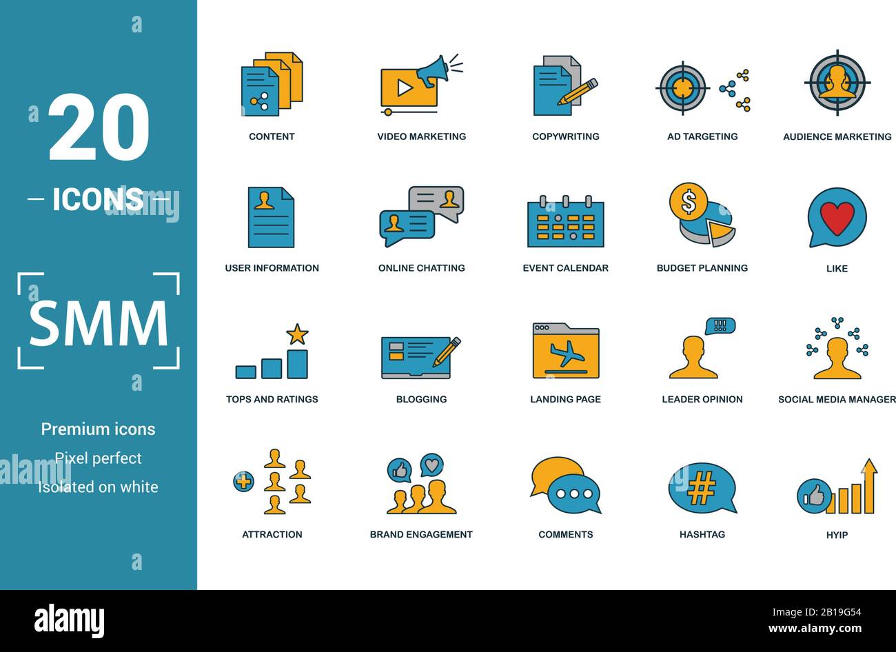Smm icon set. Includere elementi creativi contenuto, copywriting, informazioni utente pianificazione del bilancio, cime e valutazioni delle icone. Può essere utilizzato per il report Illustrazione Vettoriale