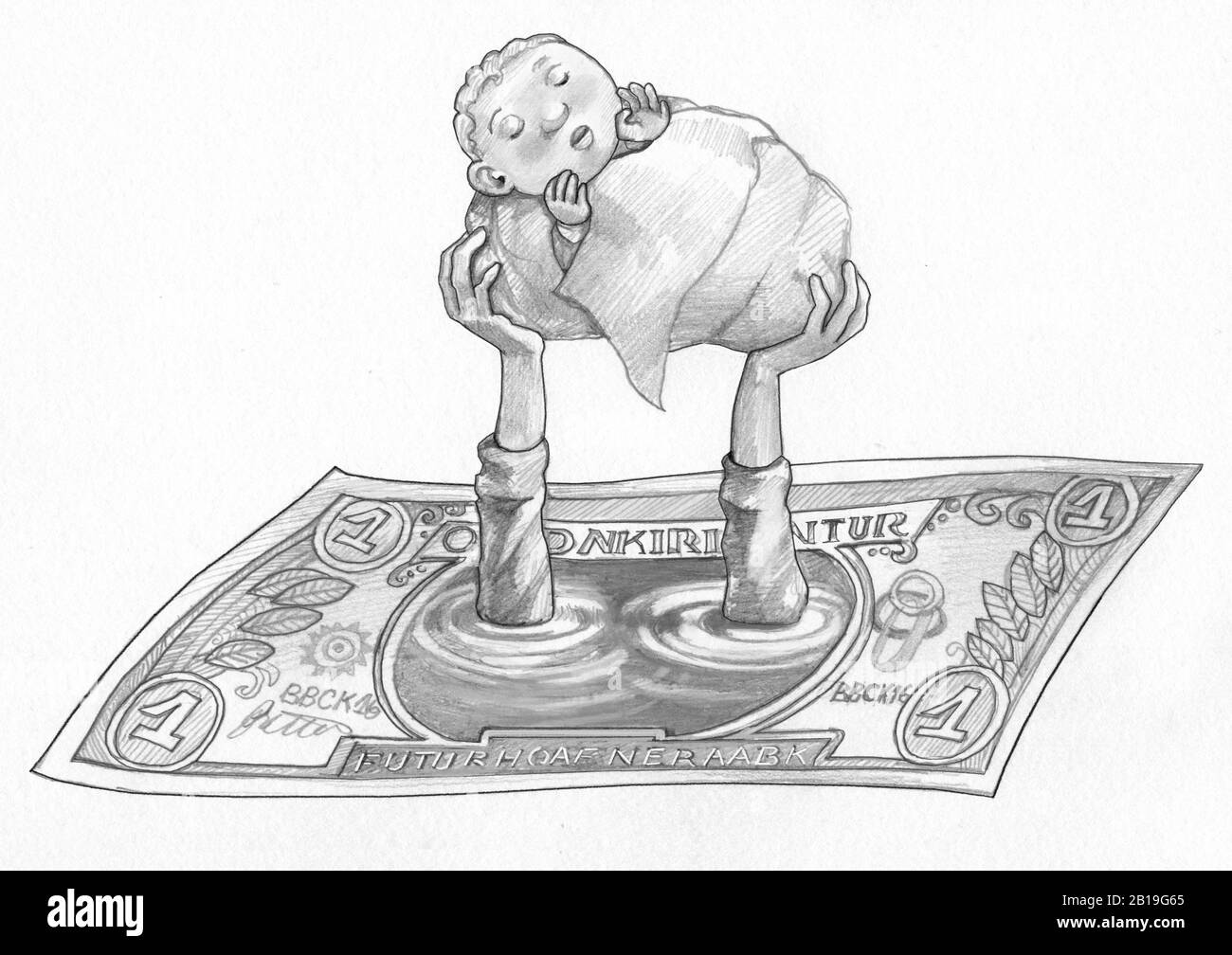 due braccia emergono da un centro di una banconota che tiene un neonato disperato Foto Stock