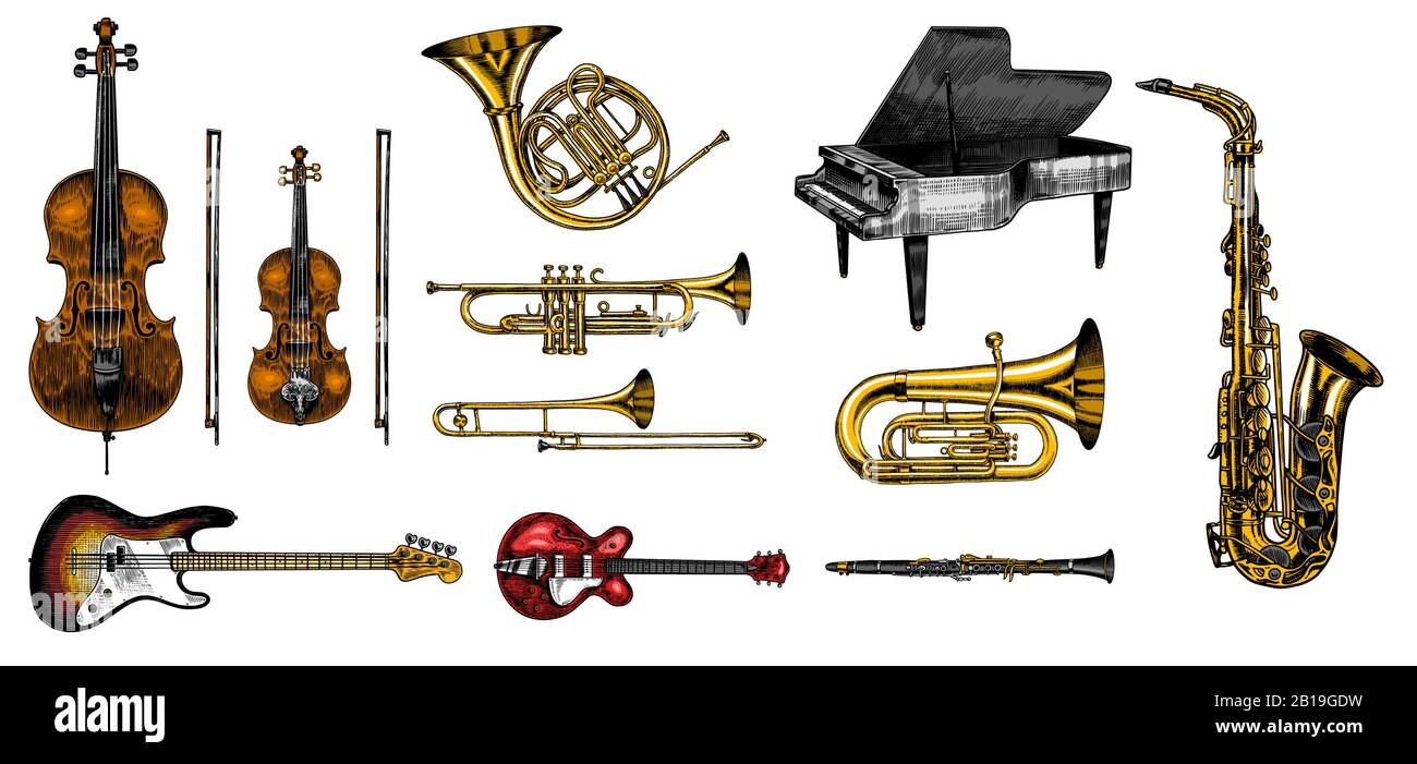 Jazz classica strumenti vento set. Musical Trombone tromba flauto bass chitarra Semi-acustica corno francese sassofono violoncello Tuba violino pianoforte. Mano Illustrazione Vettoriale