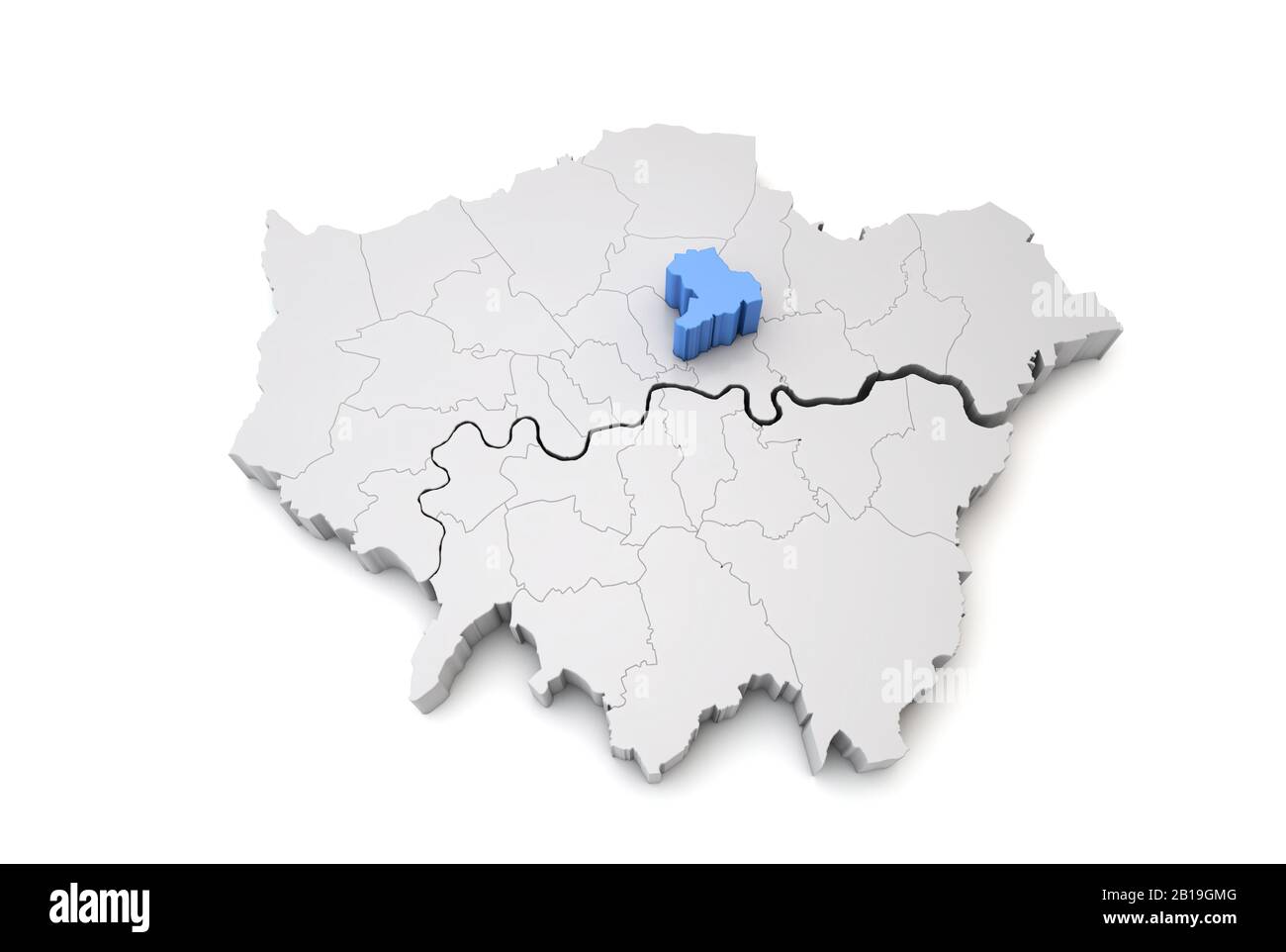 Mappa di Greater London che mostra Hackney borough in blu. Rendering 3D Foto Stock