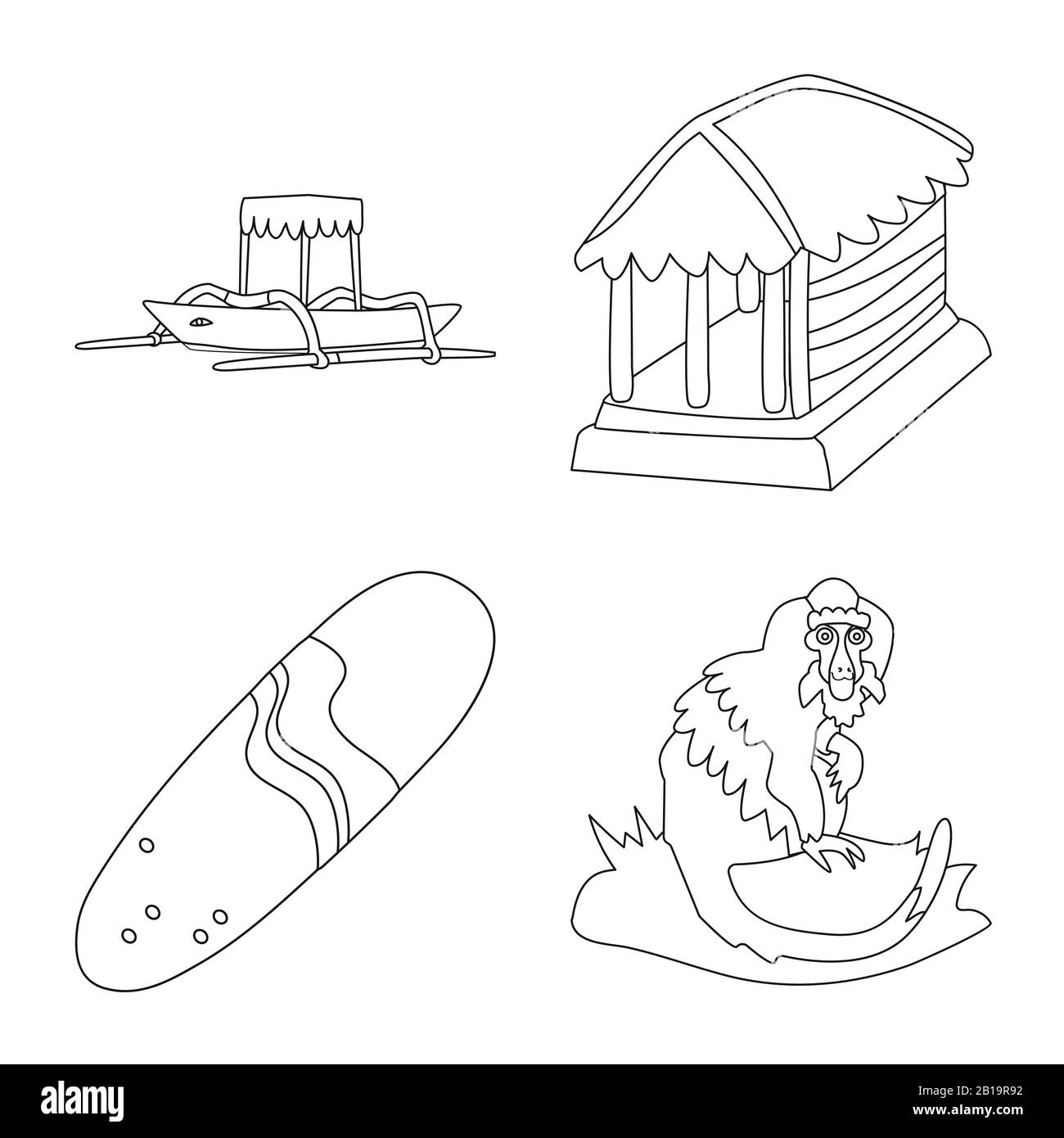 Design vettoriale di segno balinese e caraibico. Set di balinesi e geografia simbolo stock per il web. Illustrazione Vettoriale