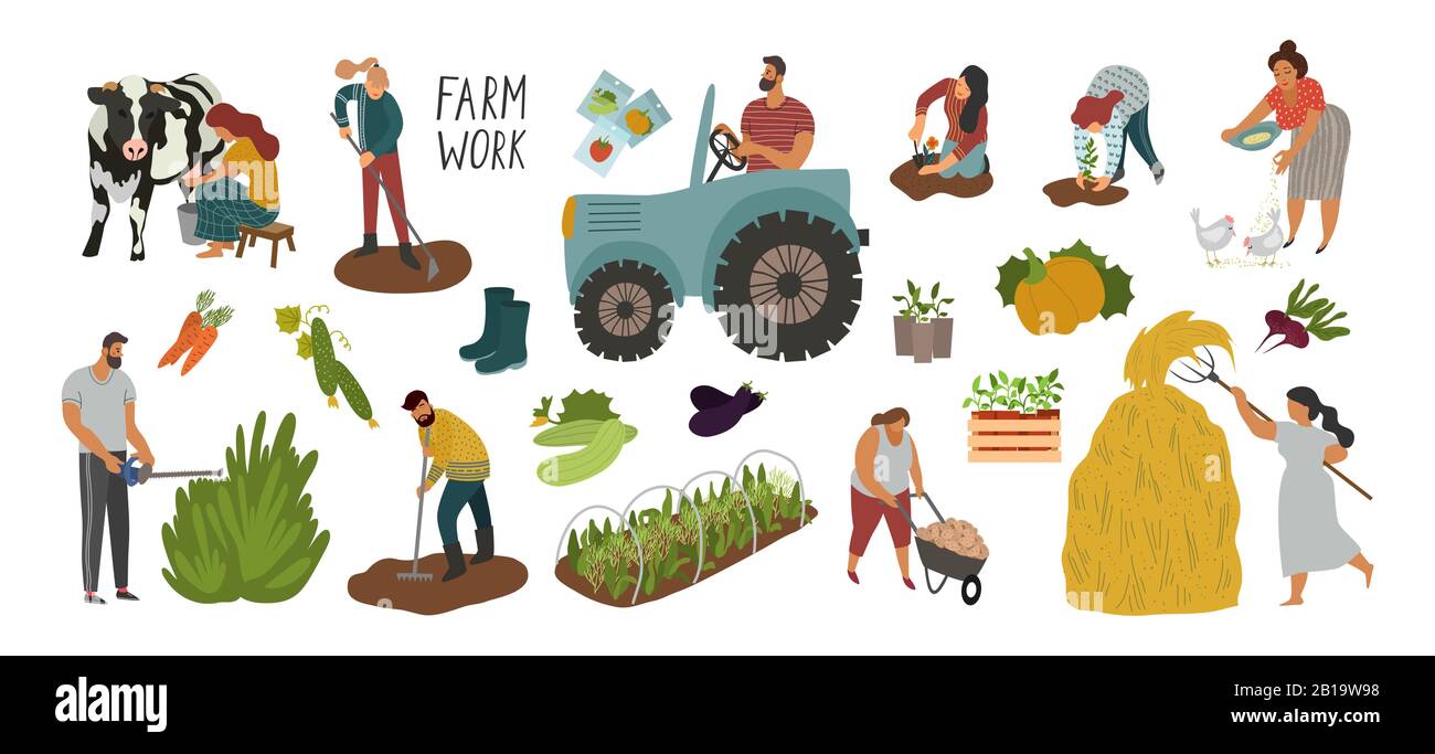 Vettore di elementi diversi e persone che lavorano nel giardino e nella fattoria. Illustrazione Vettoriale