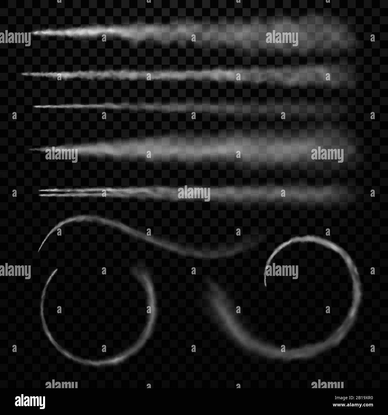 Aereo fumo. Volo jet trail, aerei velocità nube sentieri e aviazione traccia vapore nuvole vettore set Illustrazione Vettoriale