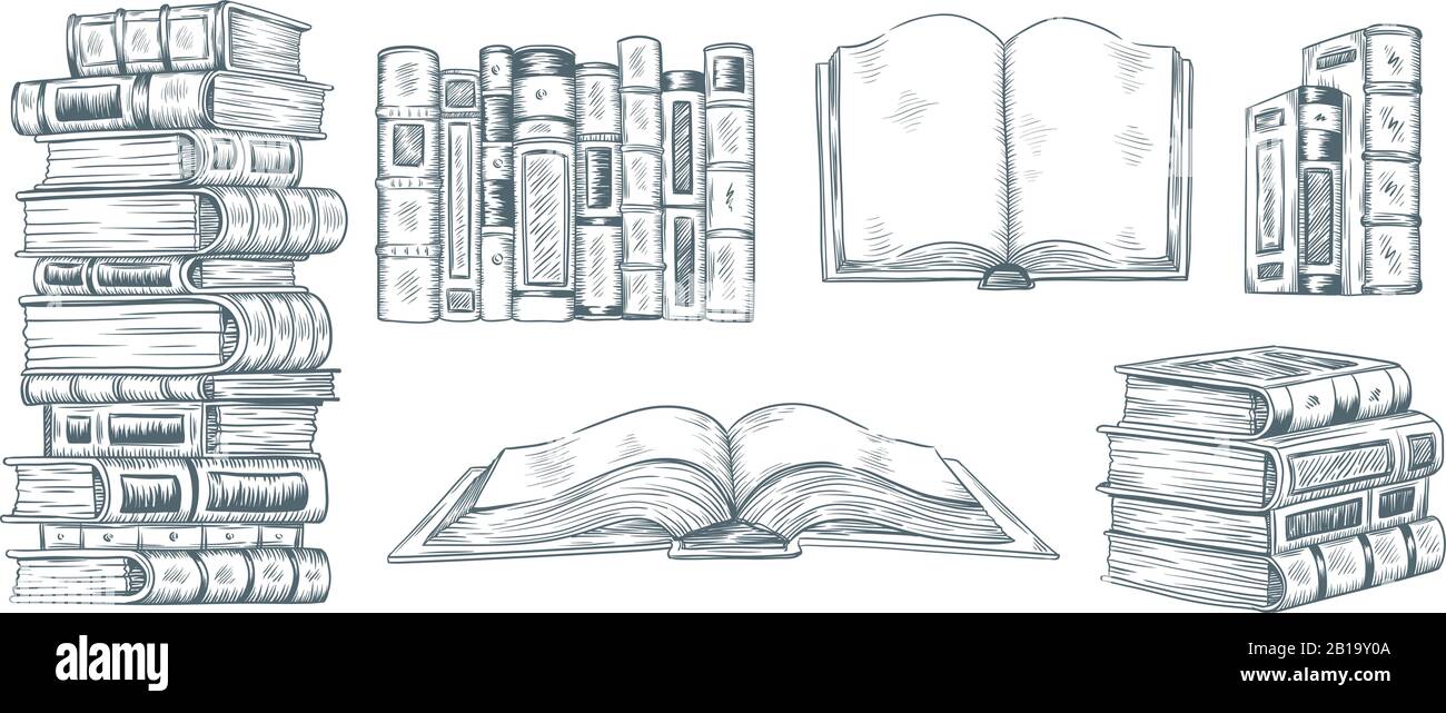Libri di disegno a mano. Disegno della letteratura. Scuola o università studenti biblioteca libro illustrazione raccolta vettore Illustrazione Vettoriale