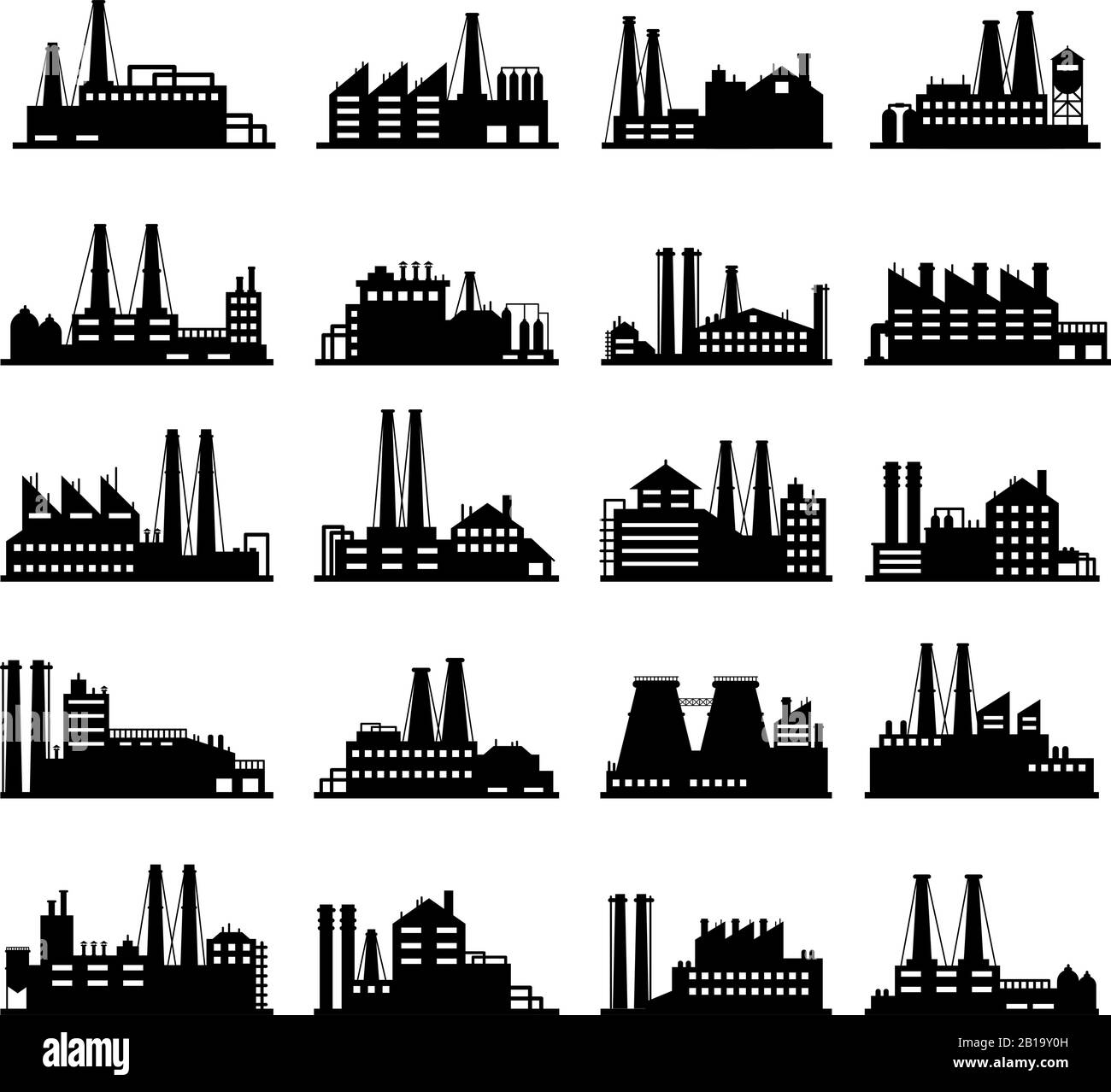 Edifici industriali. Set di illustrazioni vettoriali per magazzini industriali, stabilimenti di produzione e fabbriche Illustrazione Vettoriale
