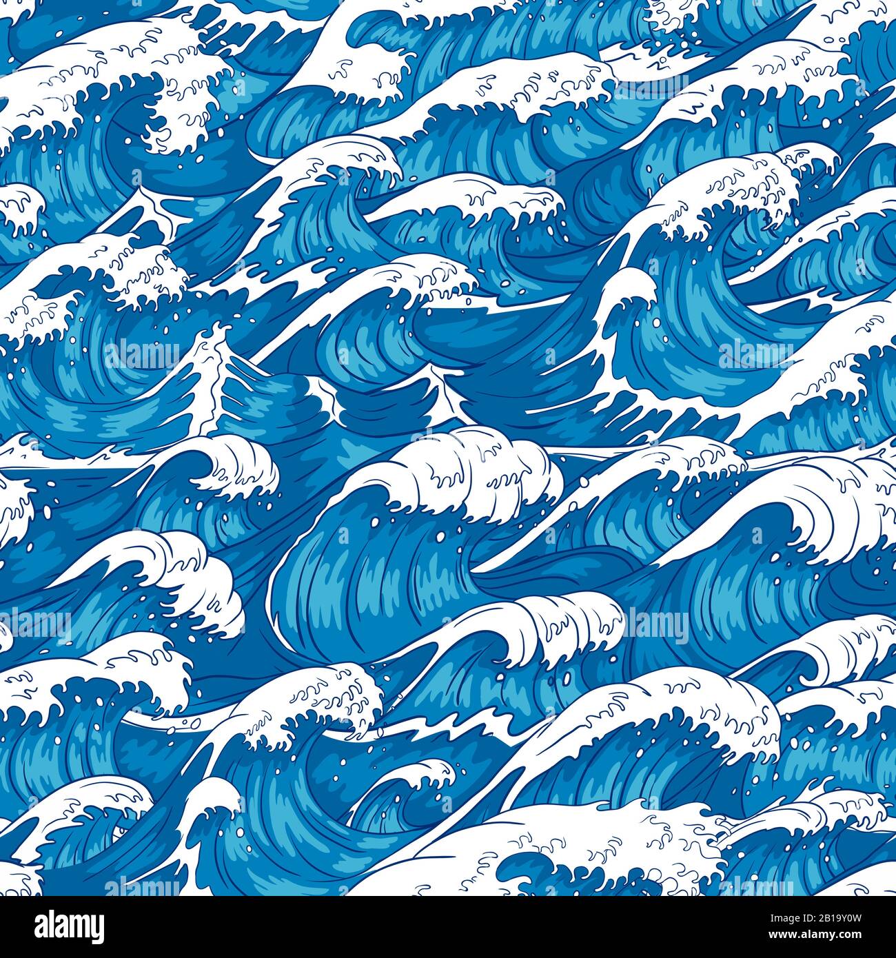Onde di tempesta modello senza cuciture. Acqua oceanica, onde marine e tempeste giapponesi vintage stampare vettore illustrazione sfondo Illustrazione Vettoriale