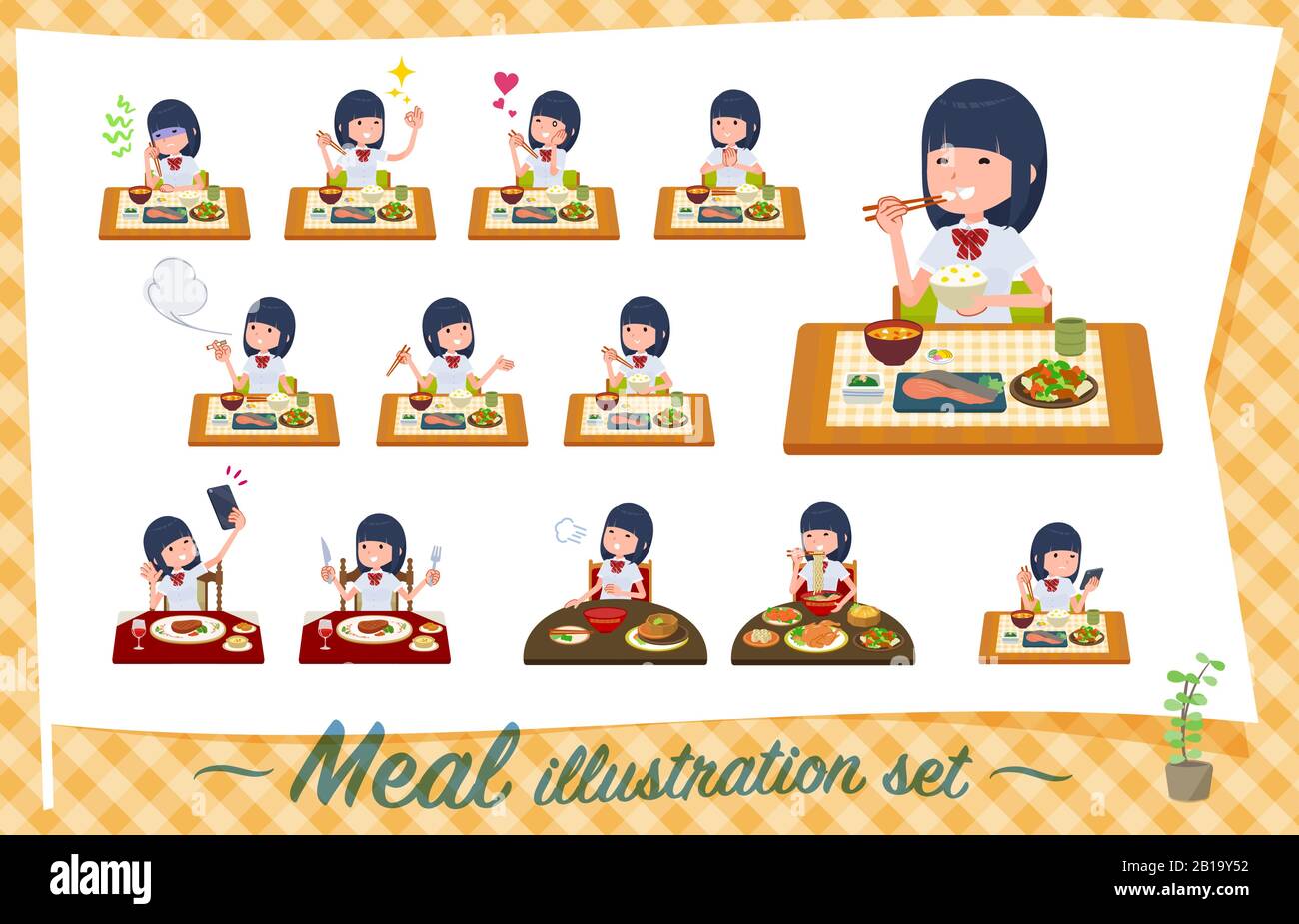 Una serie Di ragazze della scuola A Maniche Corte circa i pasti.cucina giapponese e cinese, piatti di stile occidentale e così via.è arte vettoriale in modo da è facile da modificare. Illustrazione Vettoriale