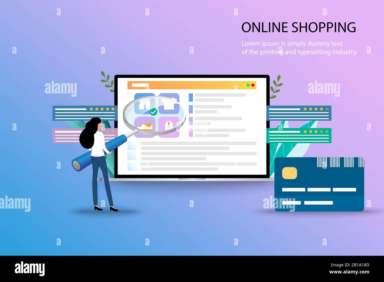 Concetto di shopping online, businesswoman tenere una lente di ingrandimento e concentrarsi sulla visualizzazione del laptop che mostra l'elenco dei prodotti, la descrizione, la valutazione dei clienti Illustrazione Vettoriale