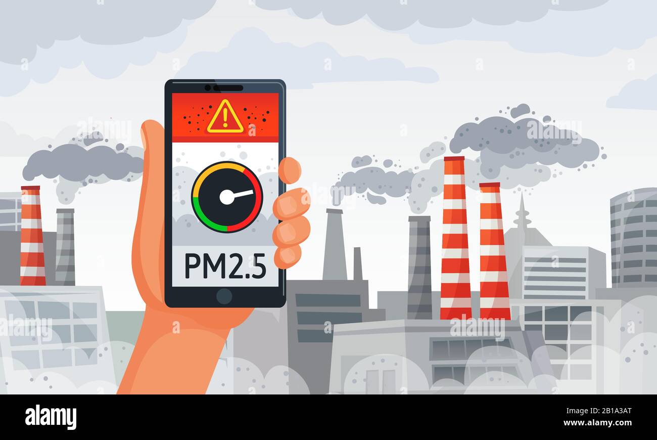 Allarme inquinamento atmosferico. PM2.5 avvisa la notifica dello smartphone del misuratore, l'aria sporca e l'immagine vettoriale dell'ambiente sporco Illustrazione Vettoriale