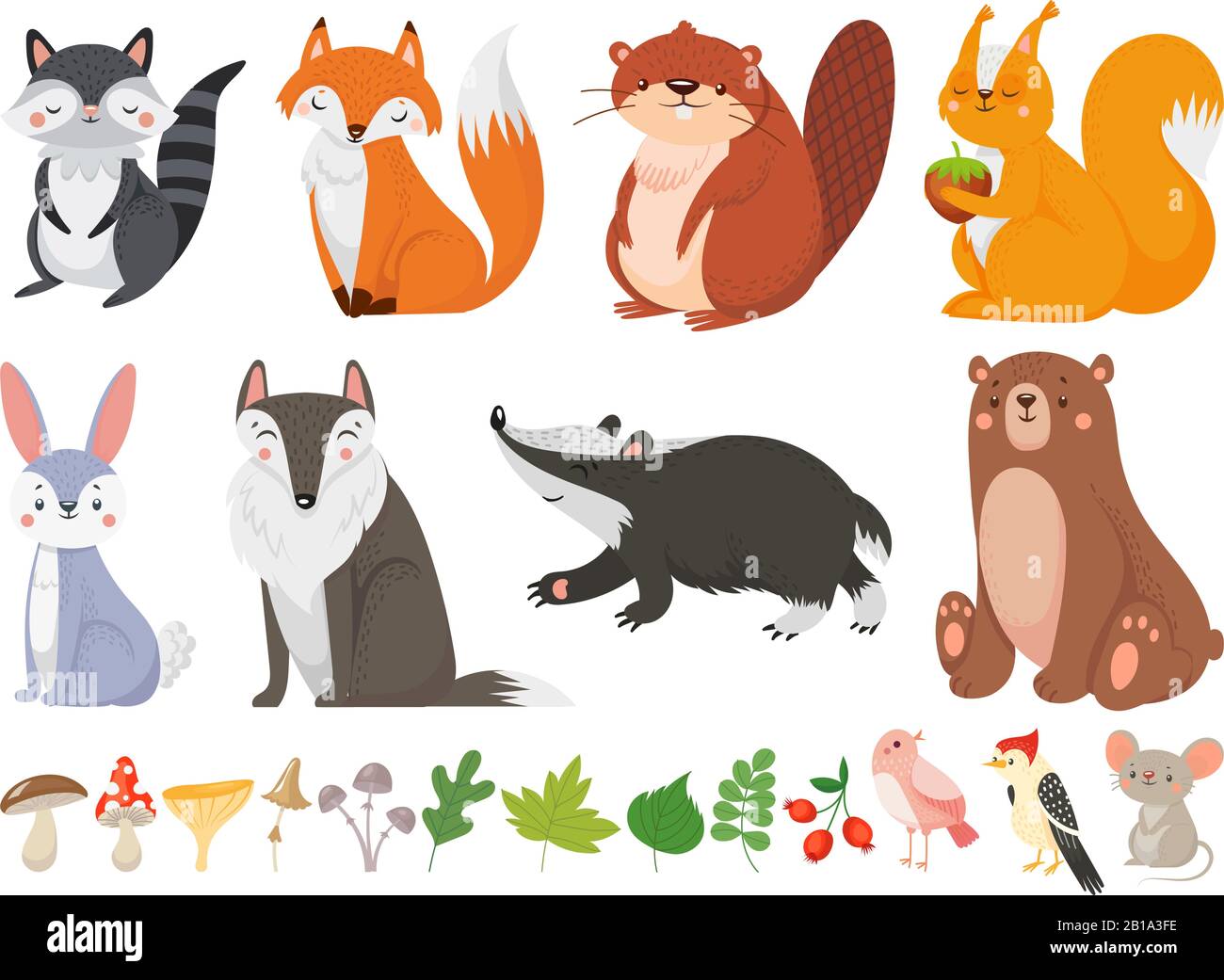 Animali di legno divertenti. Animali selvatici della foresta, fox felice bosco e simpatico vettore scoiattolo cartone illustrazione set Illustrazione Vettoriale
