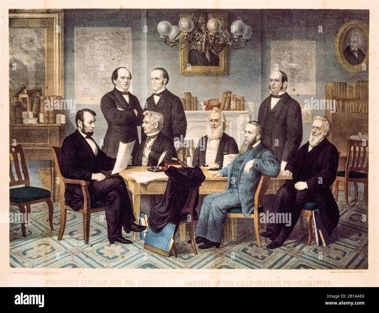 Lincoln e Il suo Gabinetto che legge La Proclamazione dell'emancipazione luglio 22nd 1862, stampa da Edward Herline Lithography Company, copia dopo Francis Bicknell Carpenter, 1866 Foto Stock