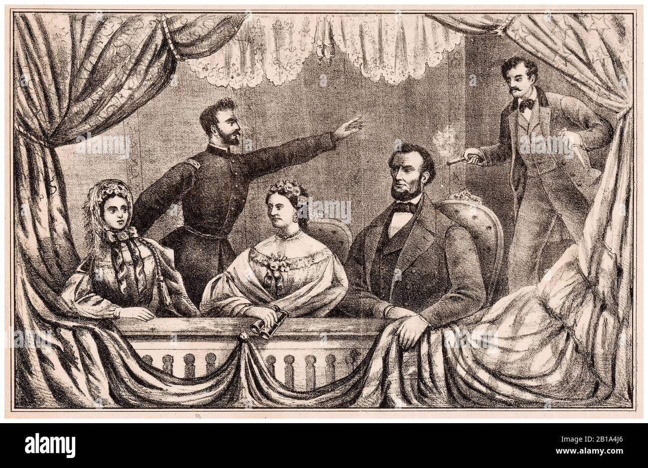 Assassinio del presidente Lincoln il 14th aprile 1865 al teatro del Ford, stampa dall'artista sconosciuto, circa 1865 Foto Stock