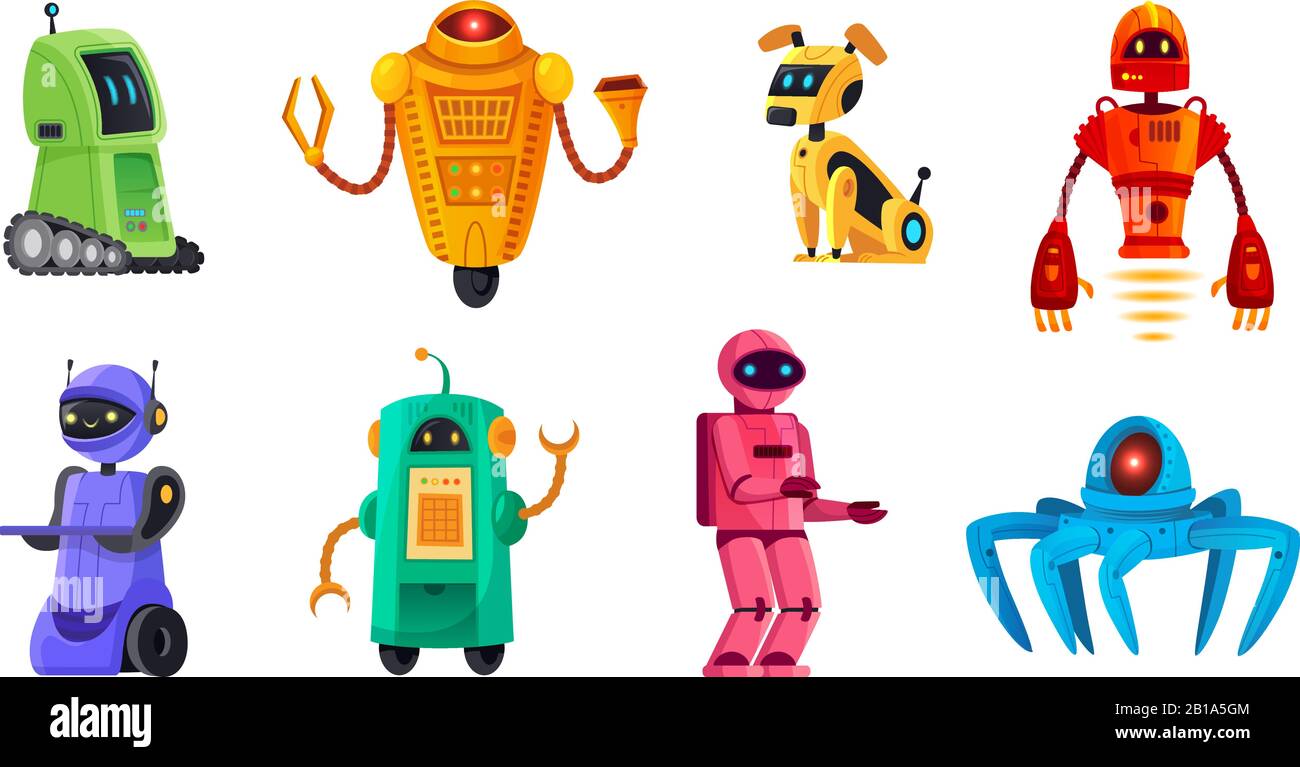 Robot cartoni animati. Robot bot, robot PET e robot android bot tecnologia grafica vettoriale Illustrazione Vettoriale