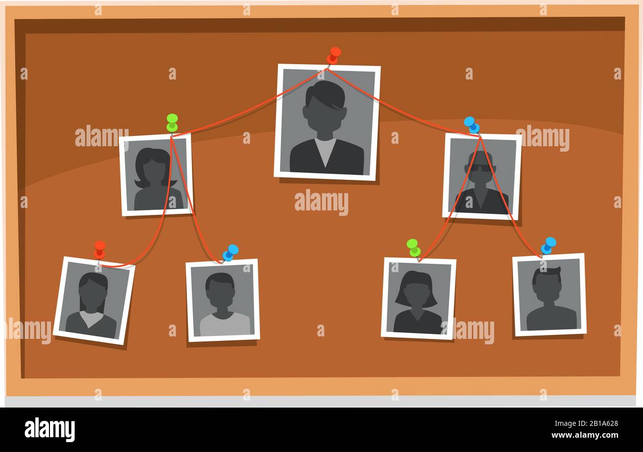 Grafico della struttura del team. Membri dell'azienda, foto del team di lavoro bloccate e grafici dell'albero dell'organizzazione, illustrazione del vettore di ricerca Illustrazione Vettoriale