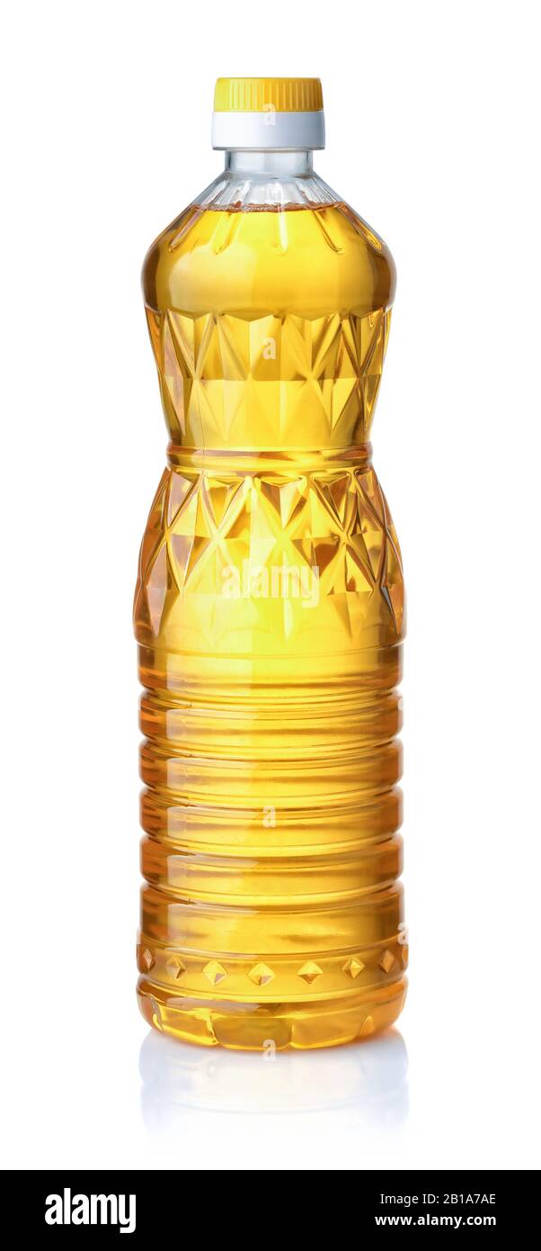 Bottiglia di olio di girasole non raffinato organico pressato a freddo isolato su bianco Foto Stock