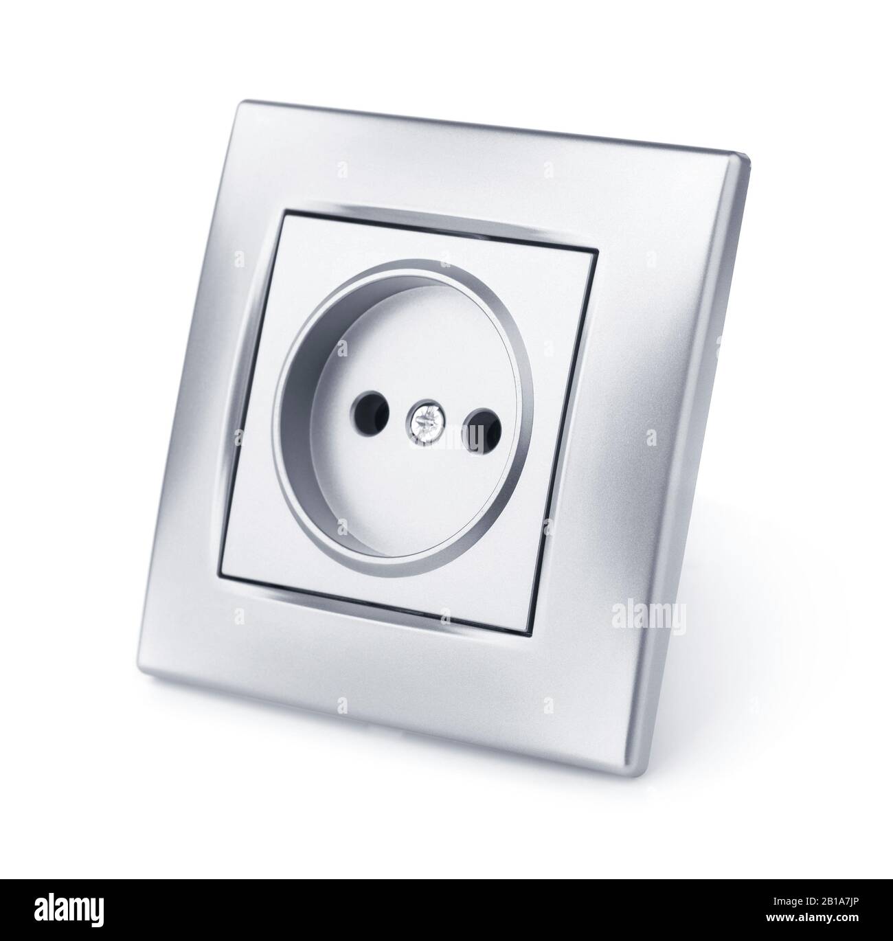Presa elettrica a muro in argento isolata su bianco Foto Stock