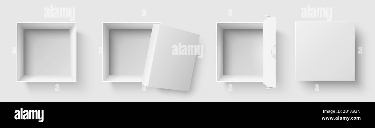 Vista dall'alto. Aprire le scatole quadrate con tappo aperto, pacchetti vuoti mockup 3d isolato vettore illustrazione set Illustrazione Vettoriale