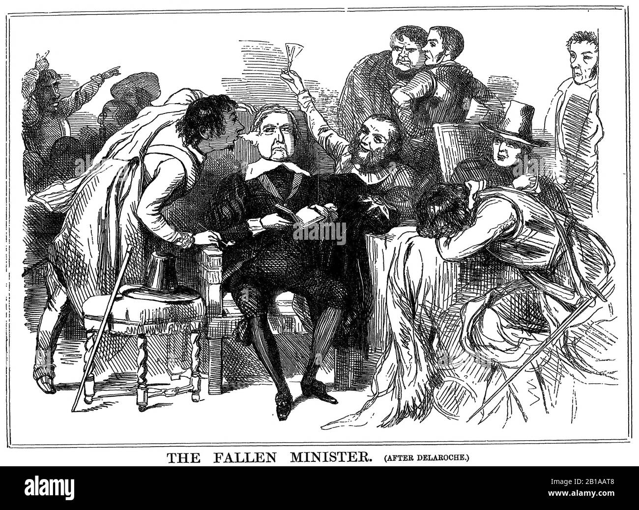 ‘il Ministro Caduto’, pubblicato in Punch poco dopo l’abrogazione Delle Leggi del Corn nel gennaio 1846. Mostra Peel, circondato da politici conservatori, tra cui Disraeli e Bentinck, che lo stanno ingacando Foto Stock