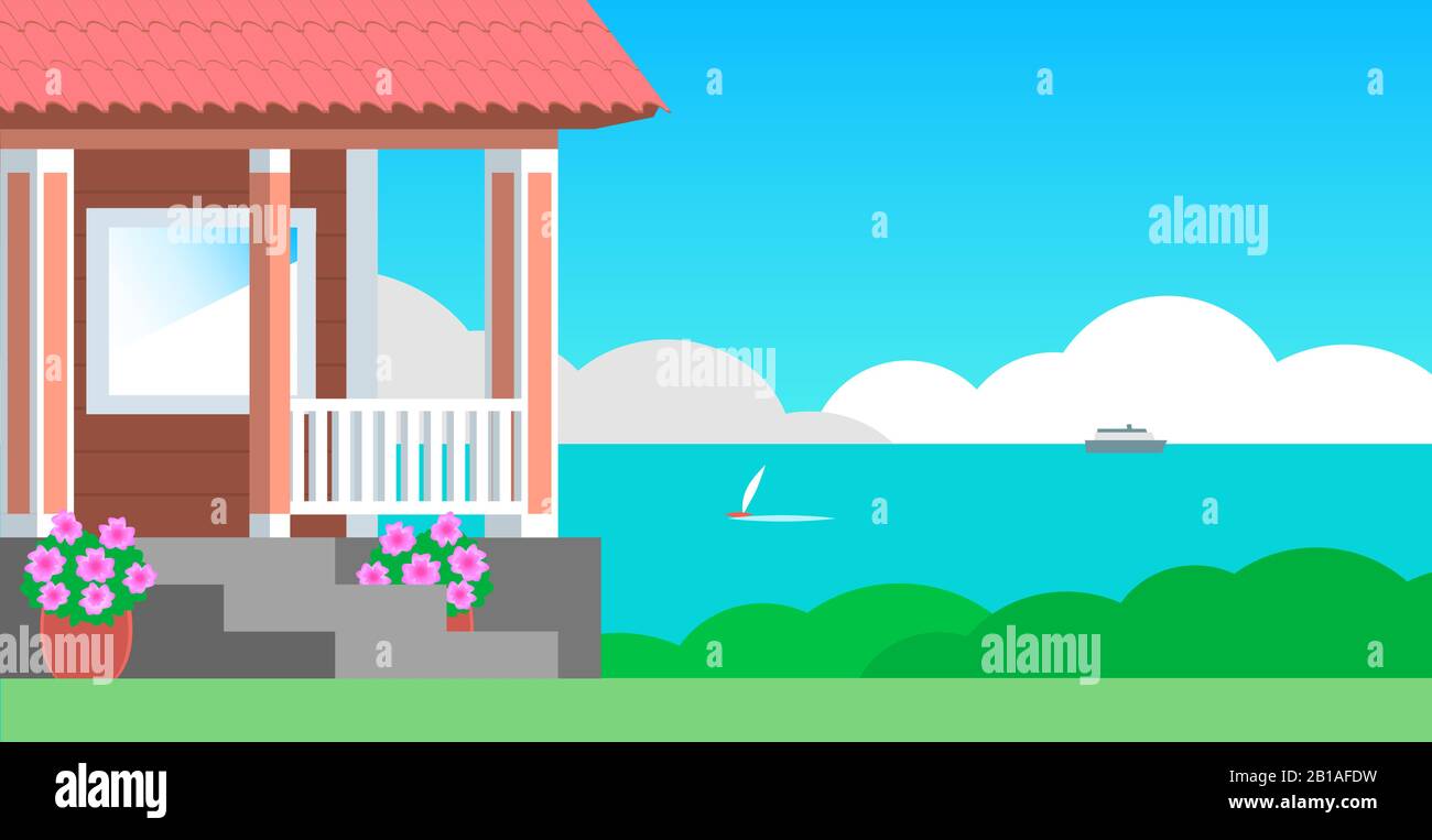 L'accogliente portico di una casa rustica in legno con gradini e veranda. Sullo sfondo si trova un resort di mare con navi. Illustrazione piatta del vettore. Illustrazione Vettoriale