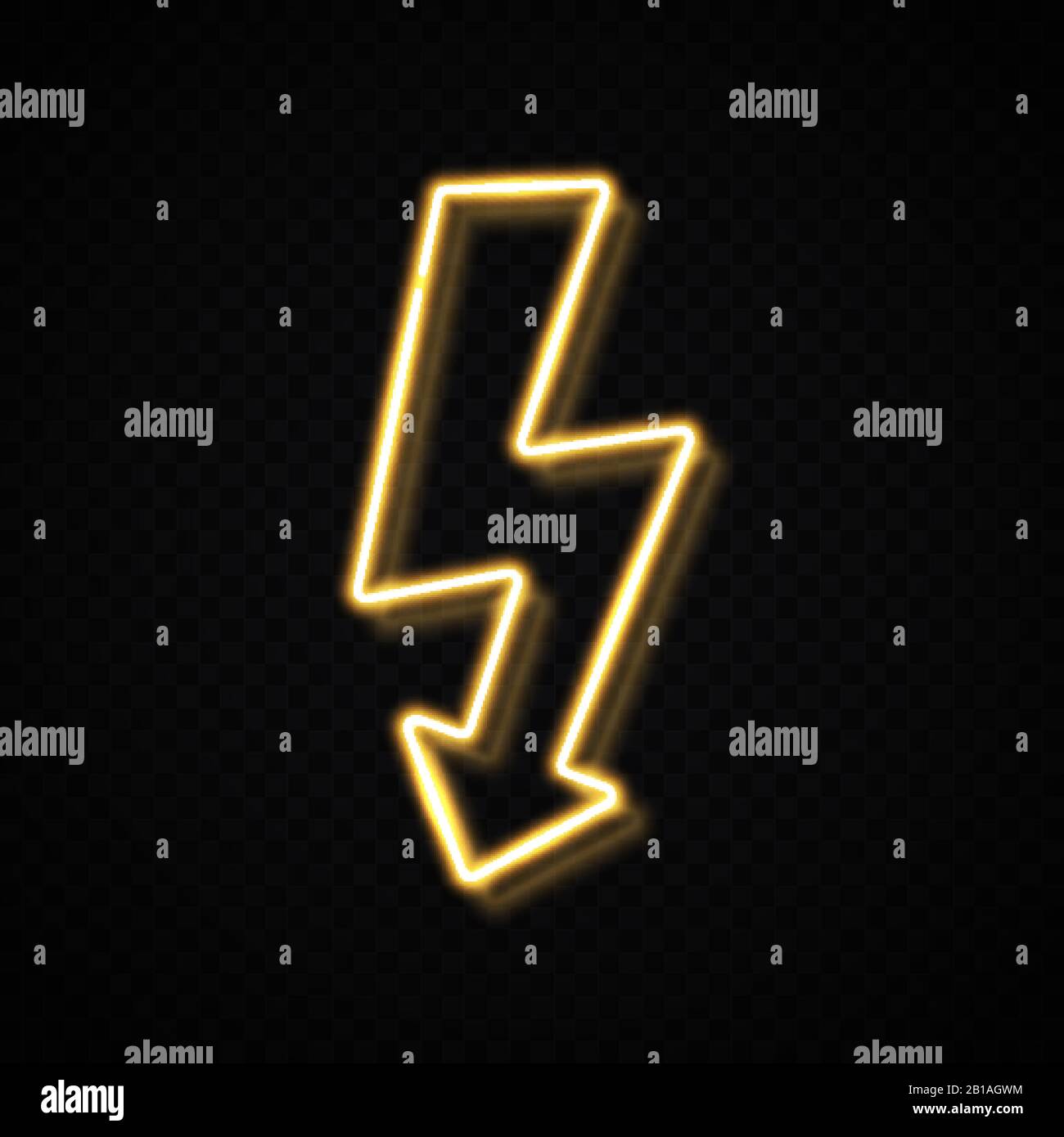 Neon segno di giallo fulmine isolato su sfondo trasparente. simbolo elettrico realistico 3d con riflessione. Elemento di design per decorazioni flyer Illustrazione Vettoriale