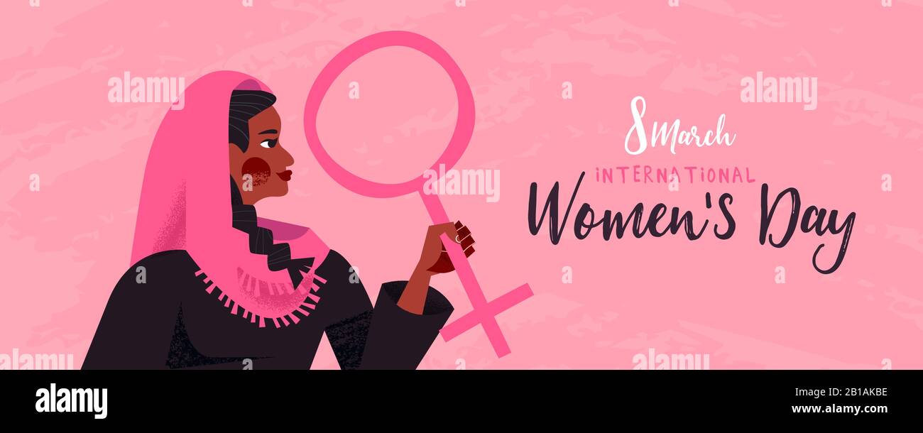 International Women's day web banner illustrazione della ragazza medio-orientale con il simbolo femminile, il concetto attivista diritti delle donne per 8th march Celebration Illustrazione Vettoriale