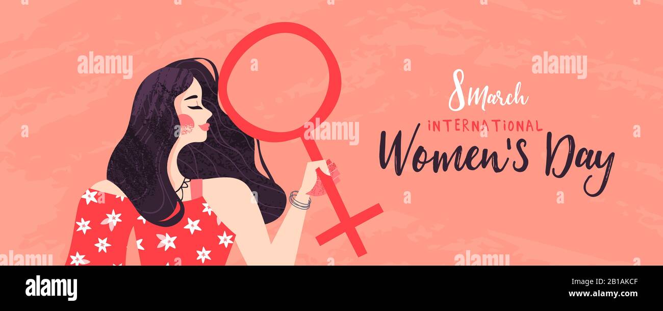 International Women's day web banner illustrazione di bella ragazza con il simbolo femminile, womens diritti attivista concetto per 8th march celebrazione in ha Illustrazione Vettoriale