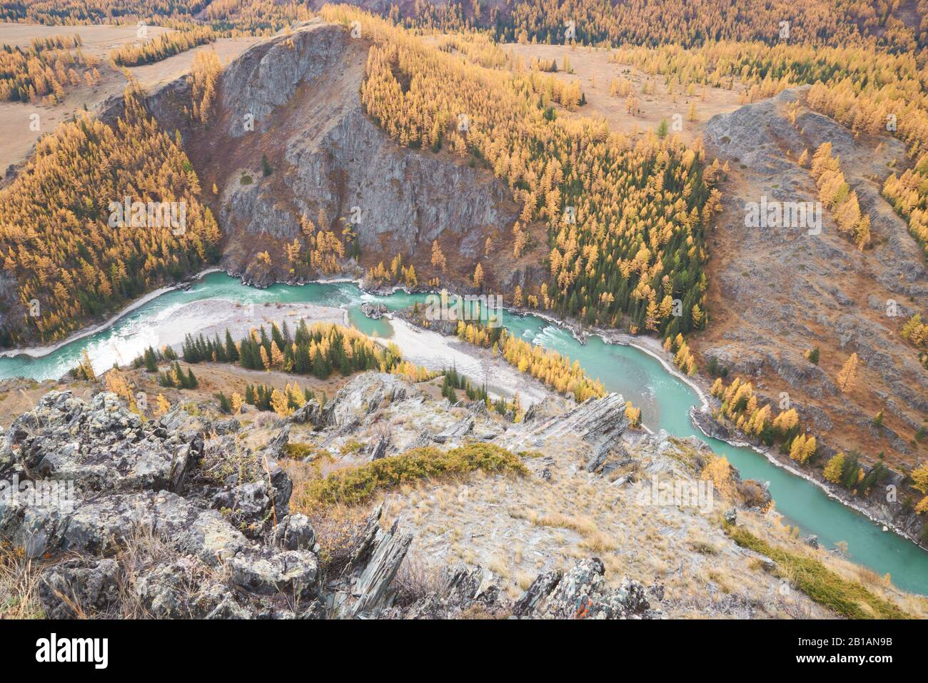 Il turchese fiume Argut scorre in una stretta gola tra le larve dorate Foto Stock