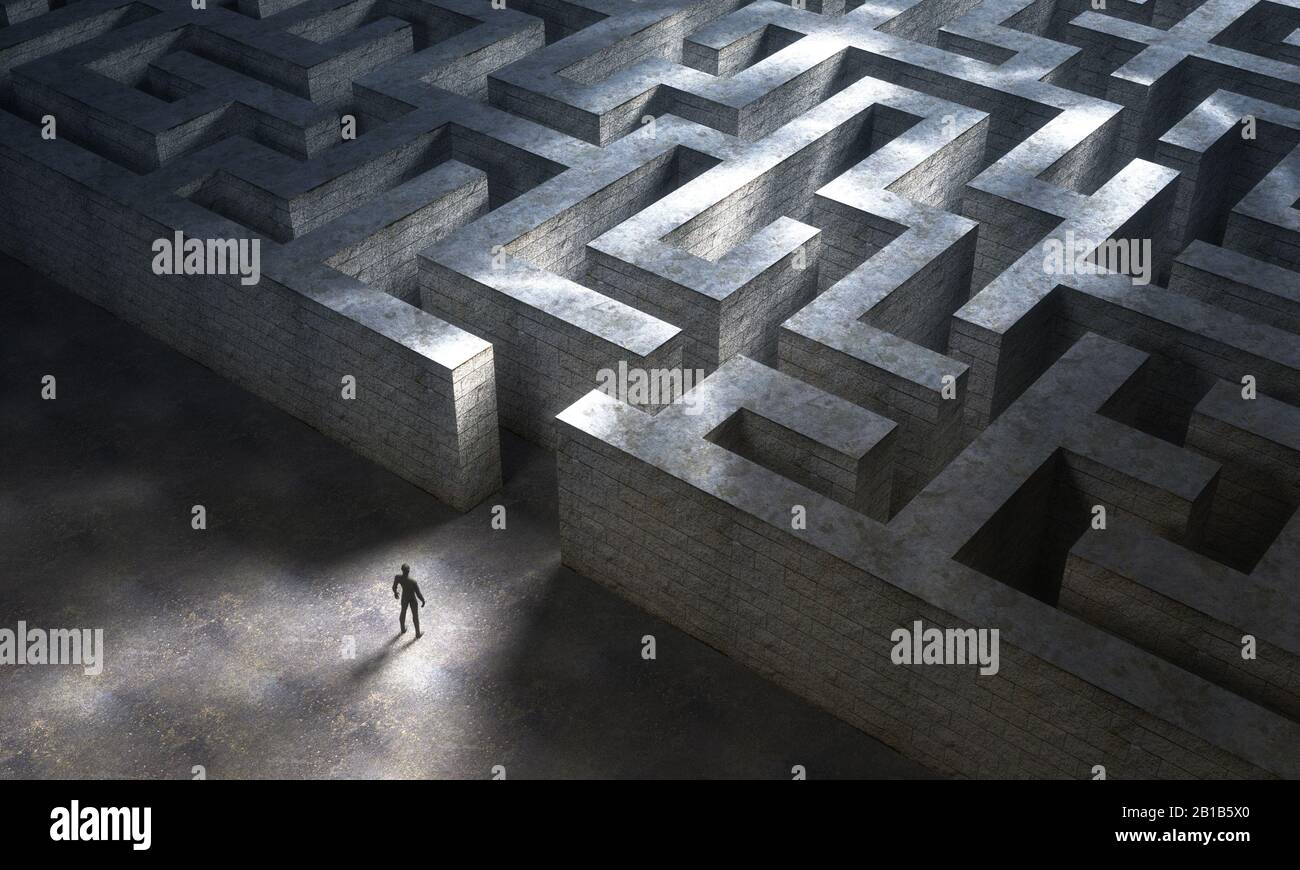 Piccolo uomo che entra in un enorme e misterioso labirinto. Concetto di vita e di affari. rendering 3d Foto Stock