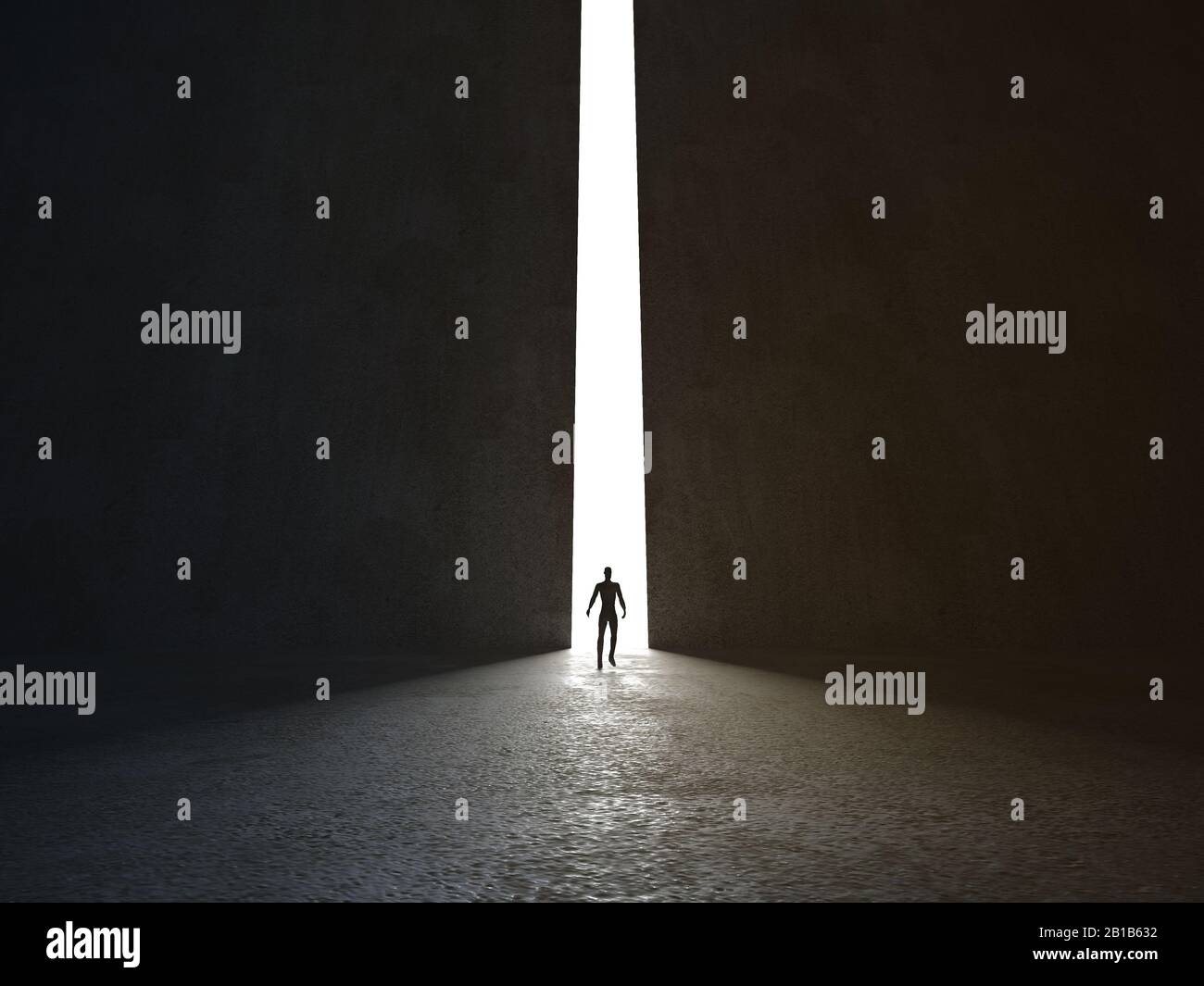 L'uomo sta alla luce dell'apertura. Concetto di idea e di intuizione. rendering 3d Foto Stock