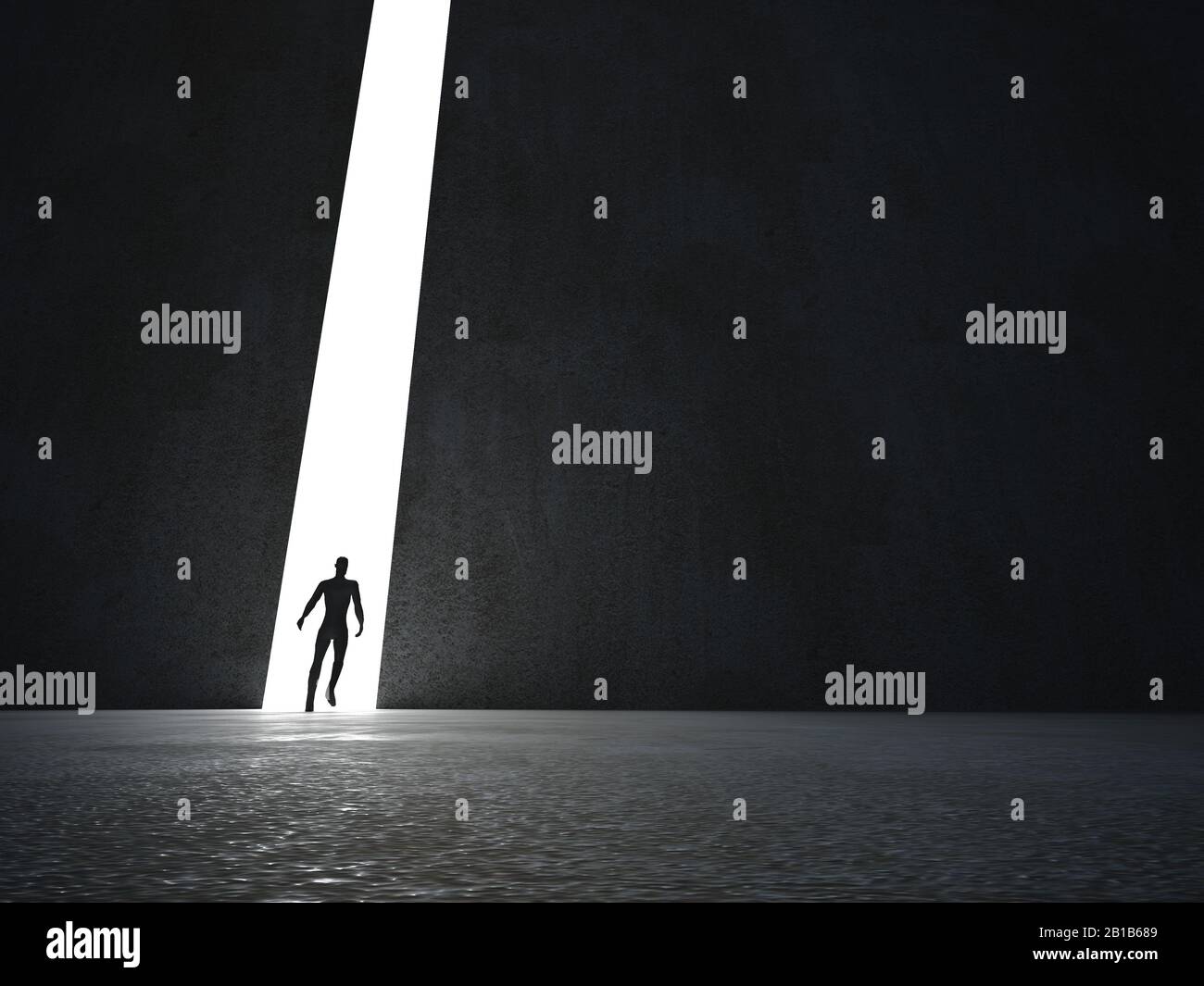 L'uomo sta alla luce dell'apertura. Concetto di idea e di intuizione. rendering 3d Foto Stock