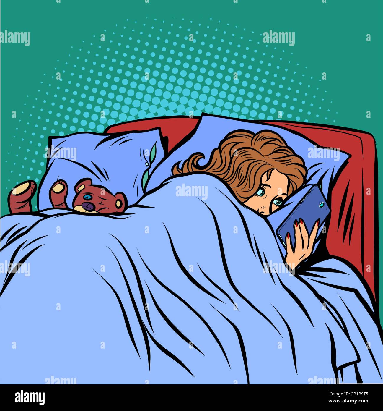 donna a letto che legge uno smartphone Illustrazione Vettoriale