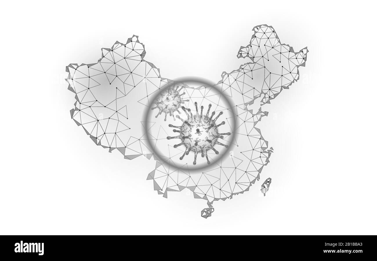 Cina Repubblica paese 3D mappa. Infezione coronavirus polmonite pericolo. Design internazionale PRC silhouette bianca. Contro virus vettore epidemico Illustrazione Vettoriale