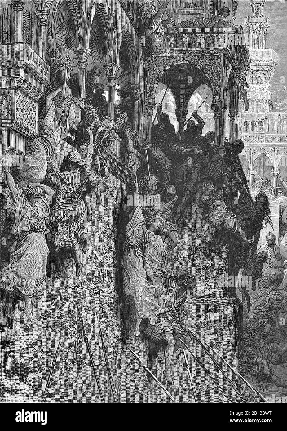 La Massacro di Antiochia di Gustave Dore, lignaggio del 1871. L'assedio di Antiochia ebbe luogo durante La Prima crociata nel 1097 e nel 1098. Il primo assedio, da parte dei crociati contro la città musulmana, è durato dal 21 ottobre 1097 al 2 giugno 1098. Il 31 dicembre, una forza di 20.000 crociati incontrò un esercito di soccorso guidato da Duqaq di Damasco che si dirigeva ad Antiochia e li sconfisse. Foto Stock
