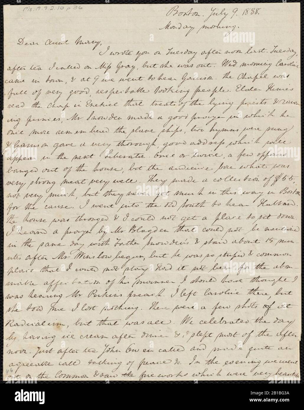 Da Anne Warren Weston A Mary Weston; Lunedi, 9 Luglio 1838 P1. Foto Stock