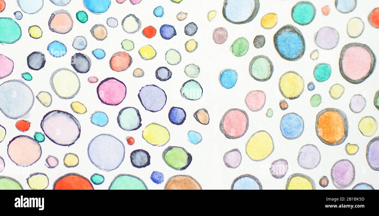 Motivo circolare multicolore con acquerello. Ornamento forme rotonde. Design a bolle colorate. Disegnato a mano Foto Stock