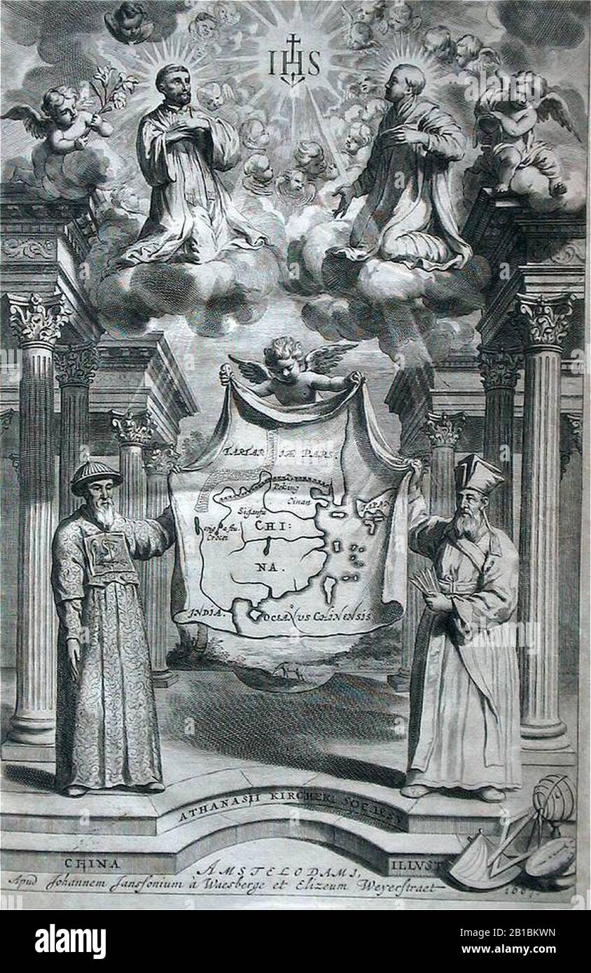 Frontespizio raffigurante Adam Schall e Matteo Ricci con una mappa della Cina. Foto Stock