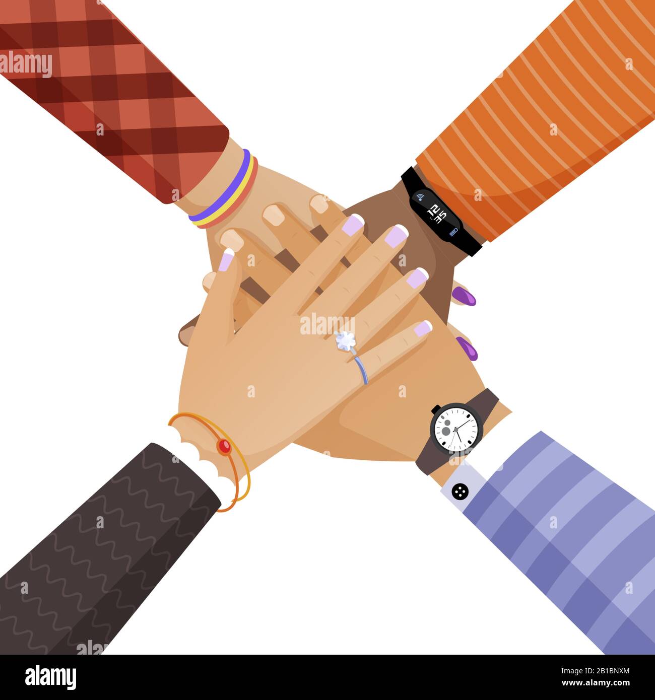 Mani di diversi colori della pelle persone che mettono insieme cartone animato vettore illustrazione. Donne e uomini braccia, lavoro di squadra, unità, insieme concetto piatto. Vista dall'alto delle persone che si mettono le mani l'una sull'altra. Illustrazione Vettoriale