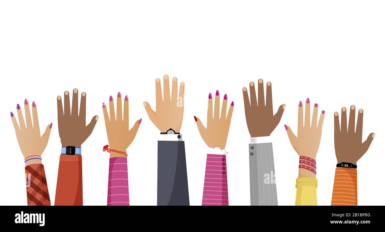 Mani di diversi colori della pelle e razze diverse persone in aumento vettore piatto illustrazione. Community, team building e lavoro di squadra, istruzione, business cartoon concetto isolato su sfondo bianco. Illustrazione Vettoriale