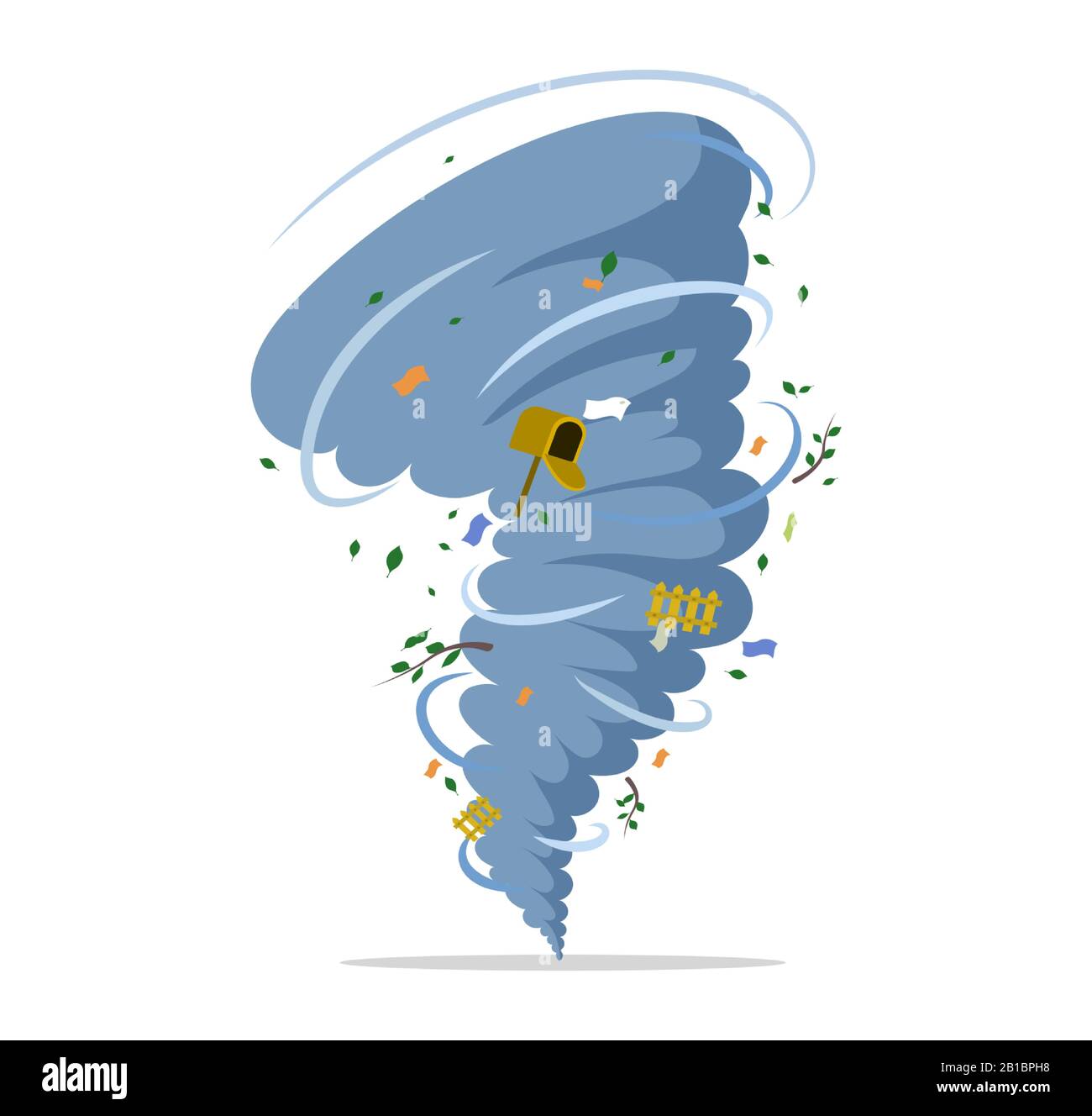 Torsione tornado con mailbox, cestino, rami vettore piatto illustrazione isolato su sfondo bianco. Disastro naturale, uragano o tempesta, cataclisma e catastrofe. Cattivo tempo paesaggio concetto. Illustrazione Vettoriale