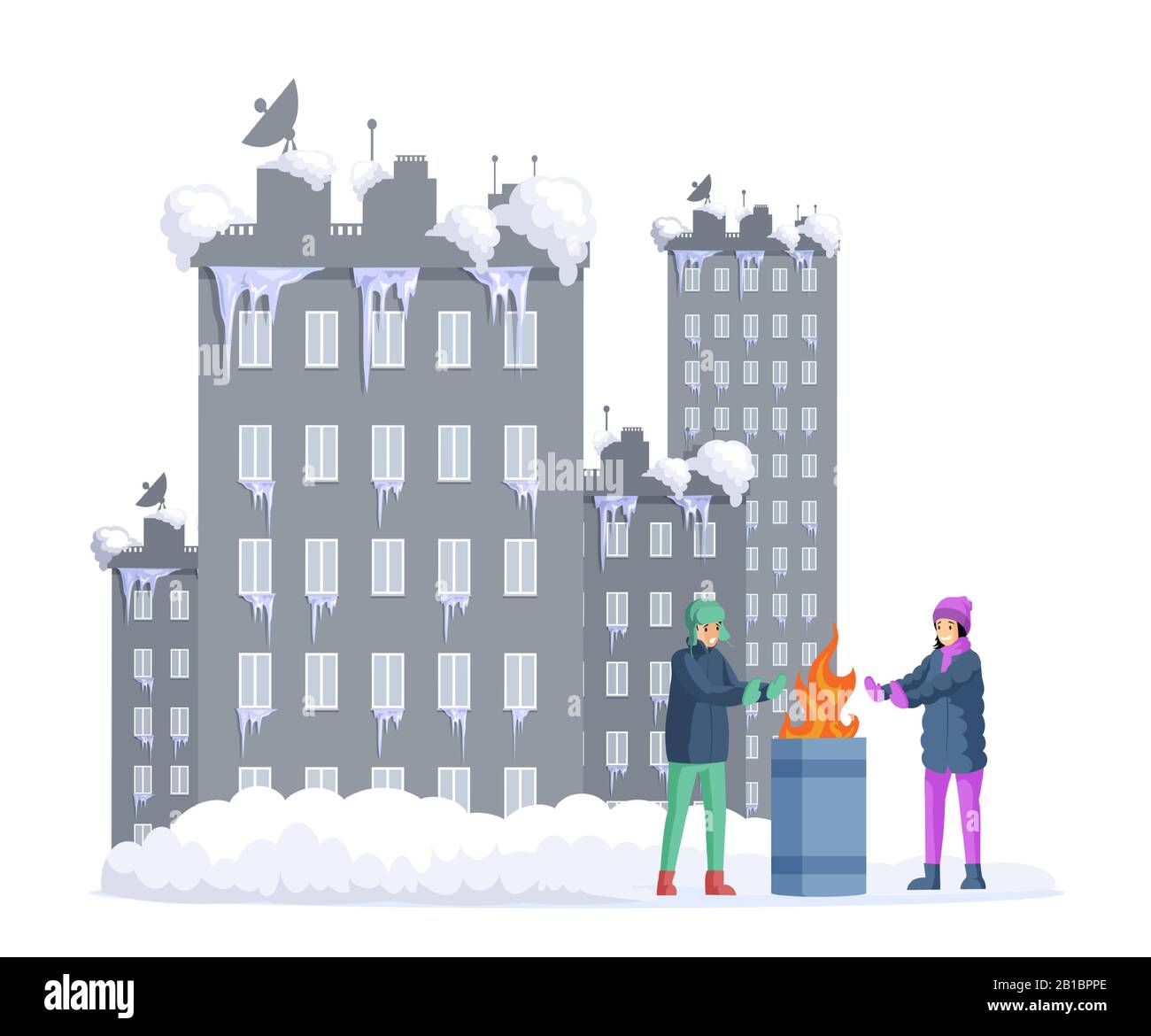 Congelato ragazza e ragazzo che riscaldano le mani accanto al barile di spazzatura con neve coperta città sullo sfondo. Persone in inverno, indossando abiti caldi spessi, stagione fredda piatto vettore illustrazione. Illustrazione Vettoriale