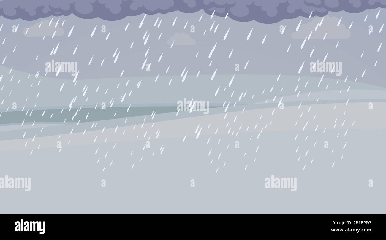 Pioggia pesante e nuvole scure vettore piatto illustrazione. Stagione delle piogge, alluvione, calamità naturali, tempesta, cataclisma, catastrofe e crisi. Cattivo tempo concetto. Illustrazione Vettoriale