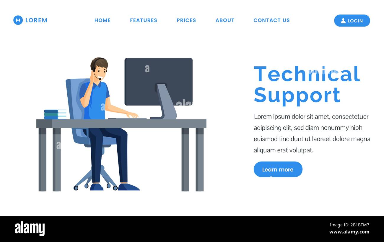 Supporto tecnico modello vettore landing page. Uomo sorridente seduto di fronte al computer con cuffie e microfono carattere piatto. Progettazione di banner Web per call center e servizi. Illustrazione Vettoriale