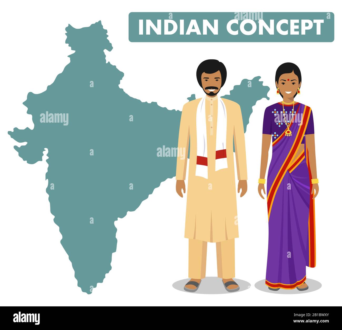 Famiglia e concetto sociale. Set di giovane in piedi insieme indian l uomo e la donna nel tradizionale diversi vestiti nazionali sullo sfondo con mappa di Illustrazione Vettoriale