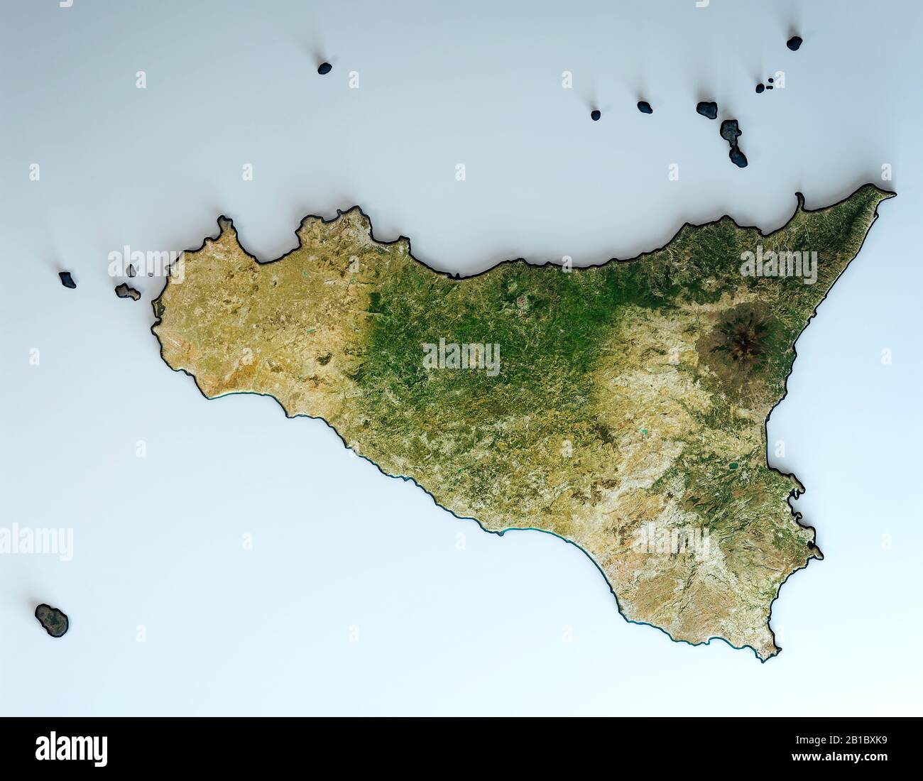 Vista satellitare della regione Sicilia. Italia. rendering 3d. Mappa fisica della Sicilia, pianure, montagne, laghi, catena montuosa Foto Stock