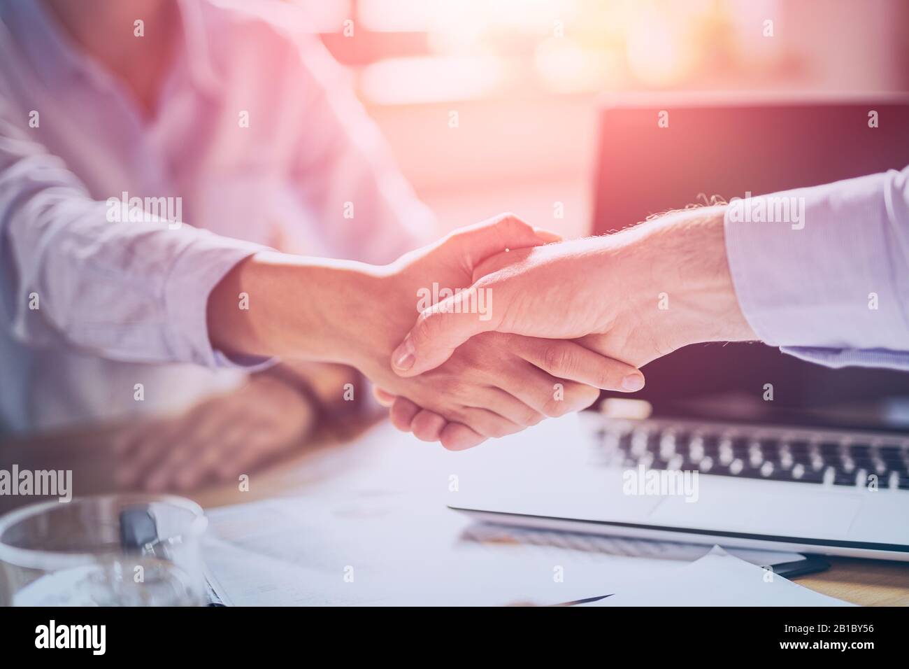 Le persone in viaggio d'affari scuotono le mani, finendo la riunione. Imprenditori di successo handshaking dopo buon affare. Foto Stock